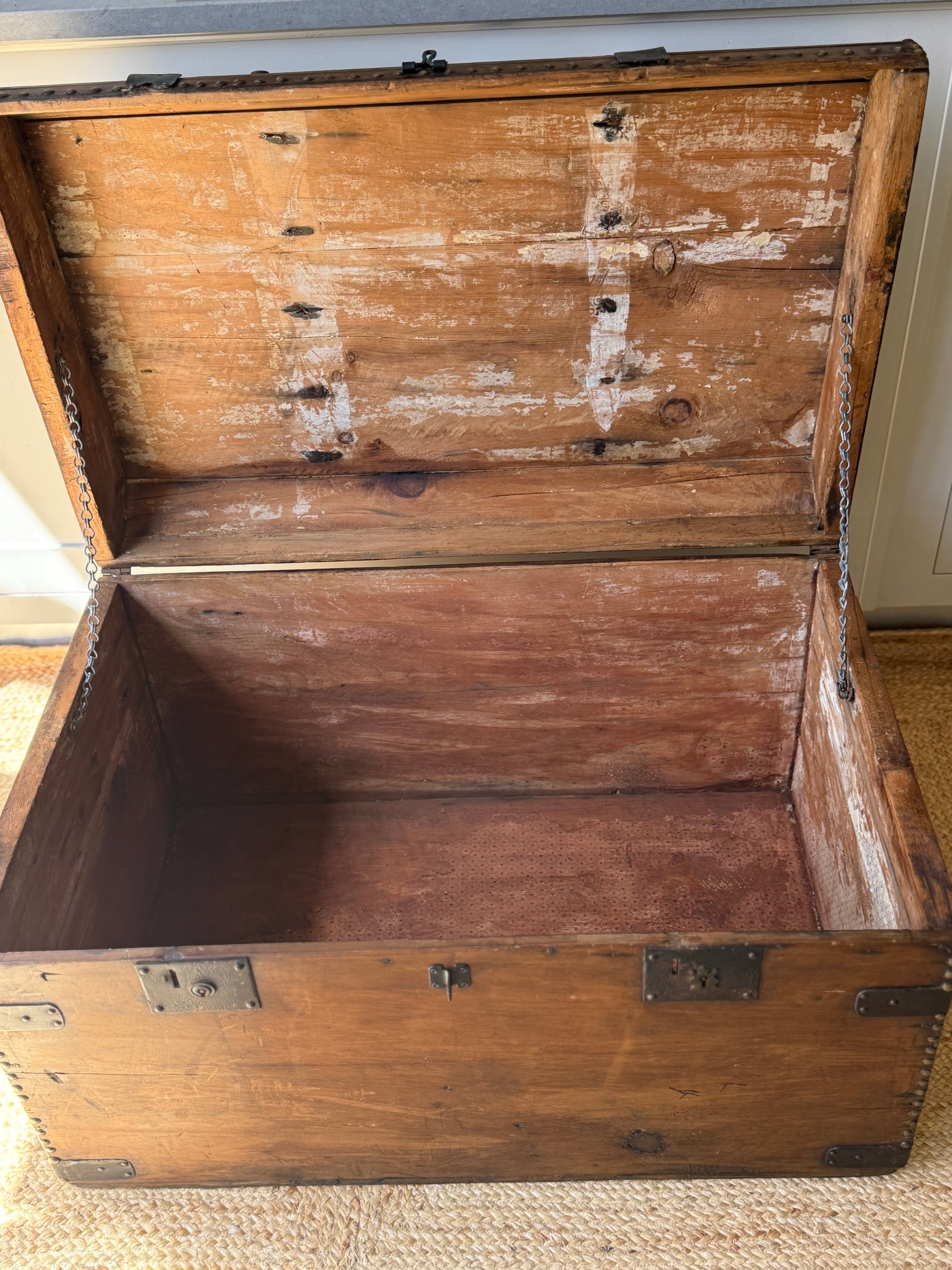 Large Antique Pine Truck with Brass Studs and Rounded Edges