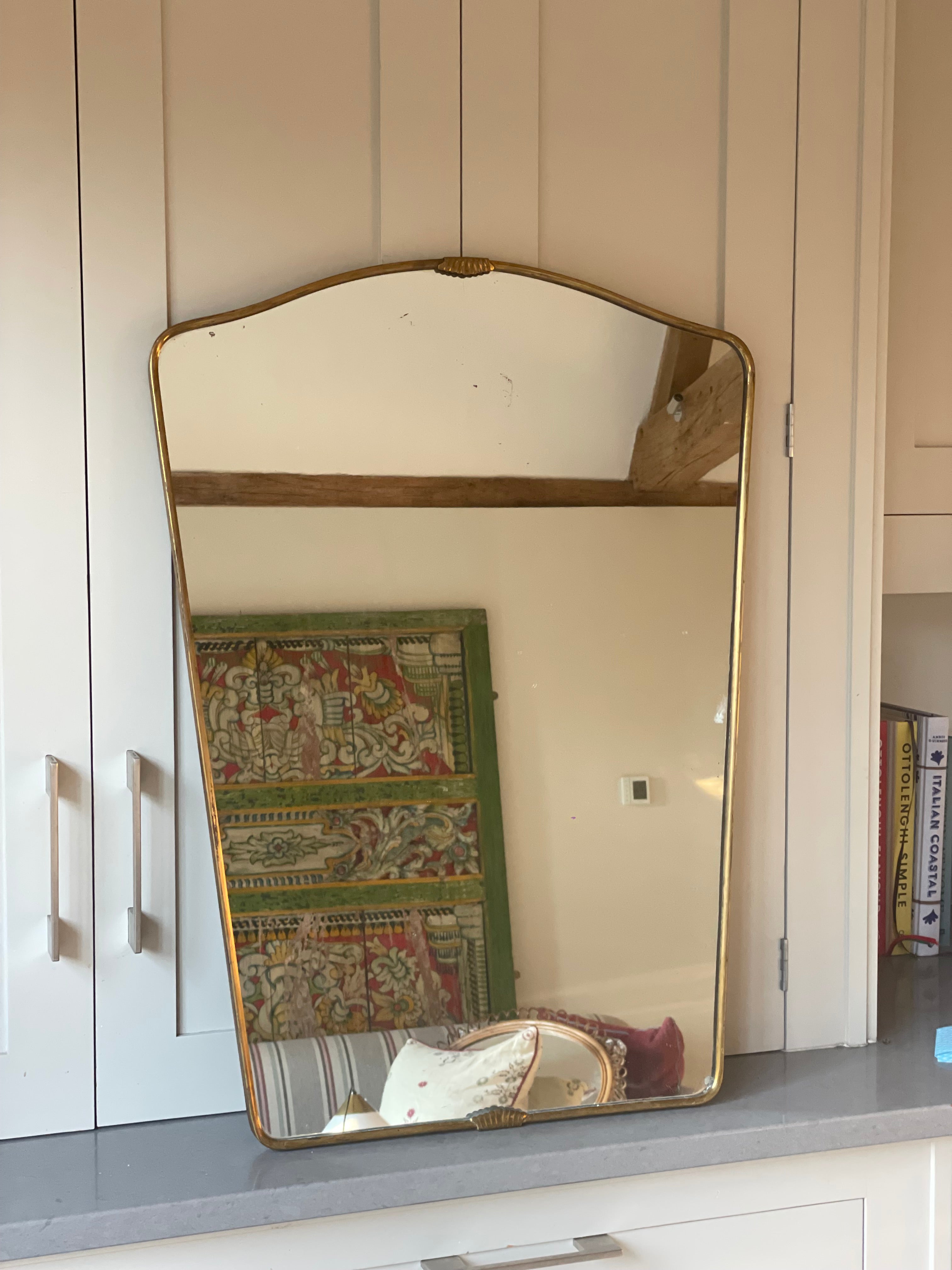 Italian Mid Century Brass Shield Mirror with Reeded border