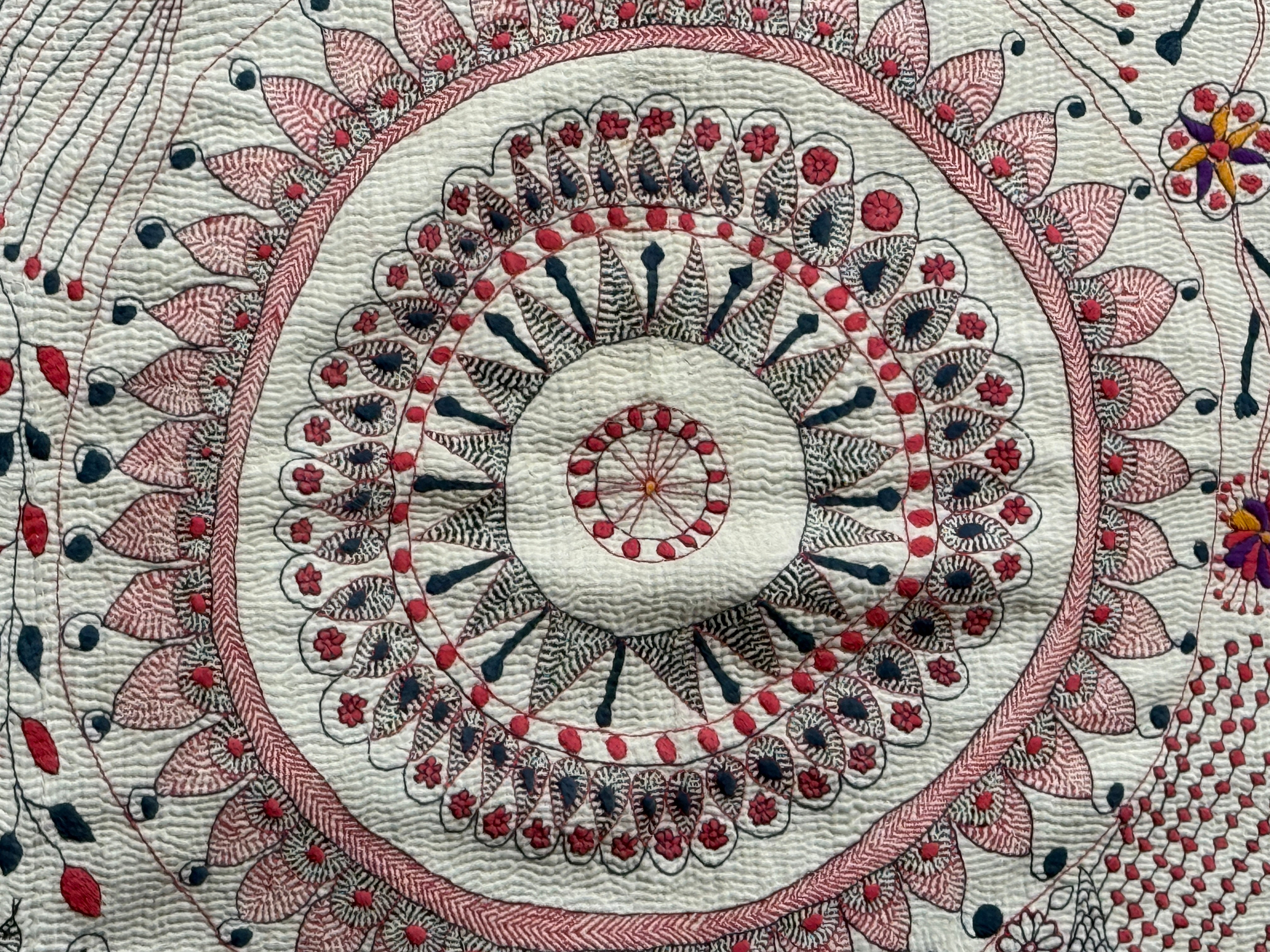 Rare Bengali Nakshi Kantha with Fish Border c late 19th Century