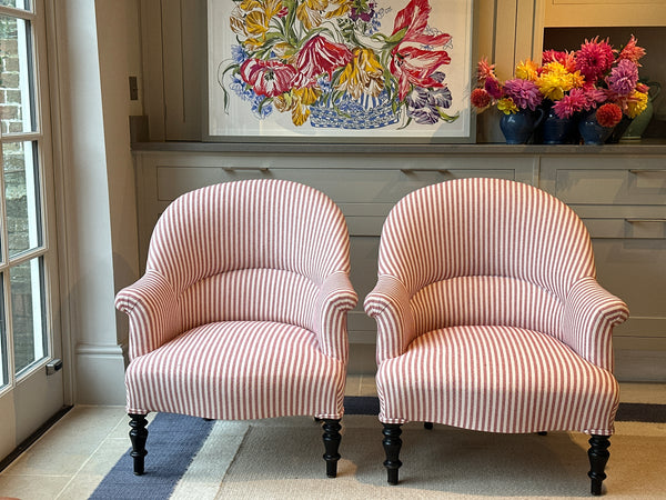 Pair of French Crapaud Tub chairs in red and white ticking