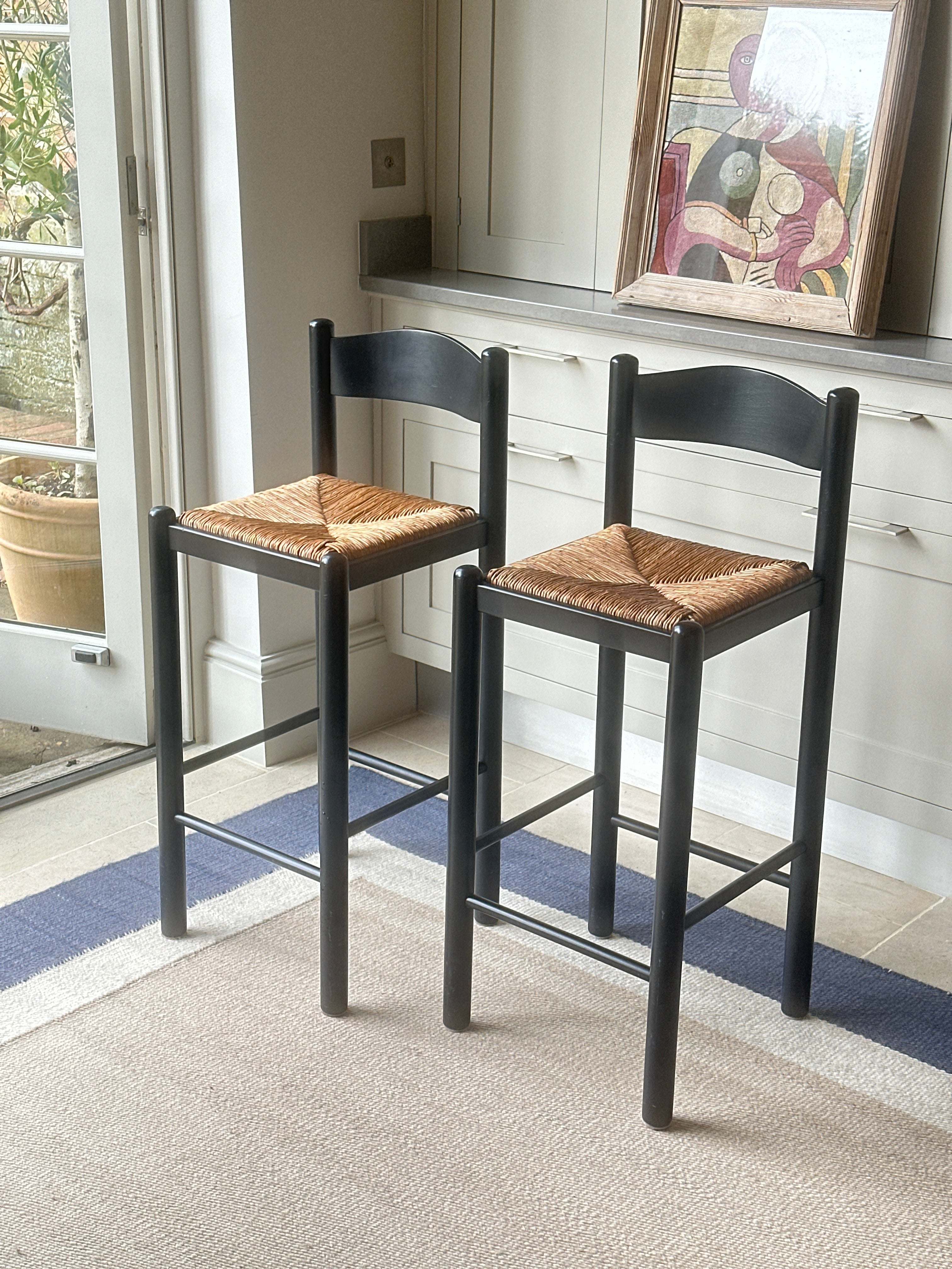 Pair of Vintage Rush Seat Bar Stools in Black