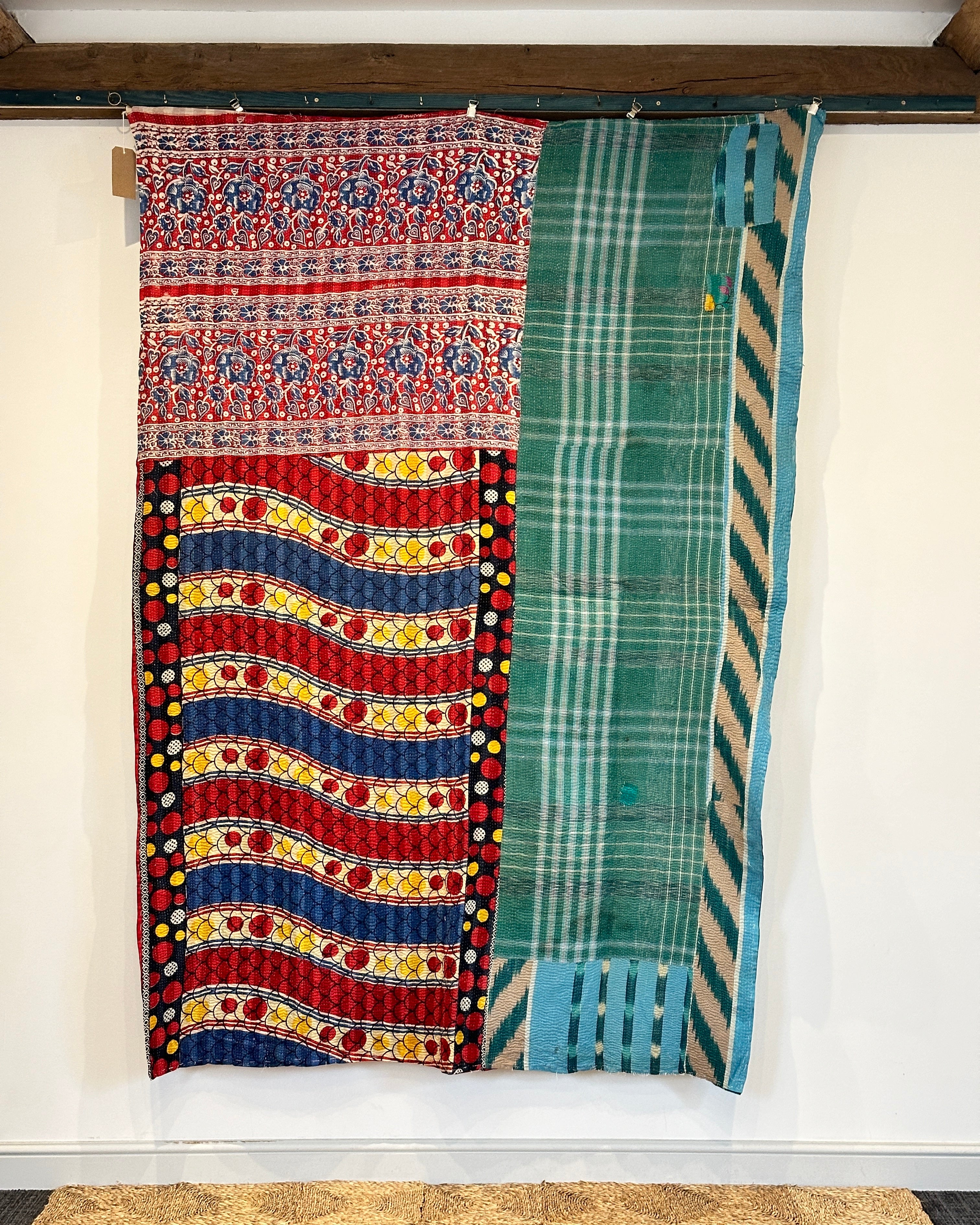 Vintage Kantha Quilt - Red,Blue Yellow