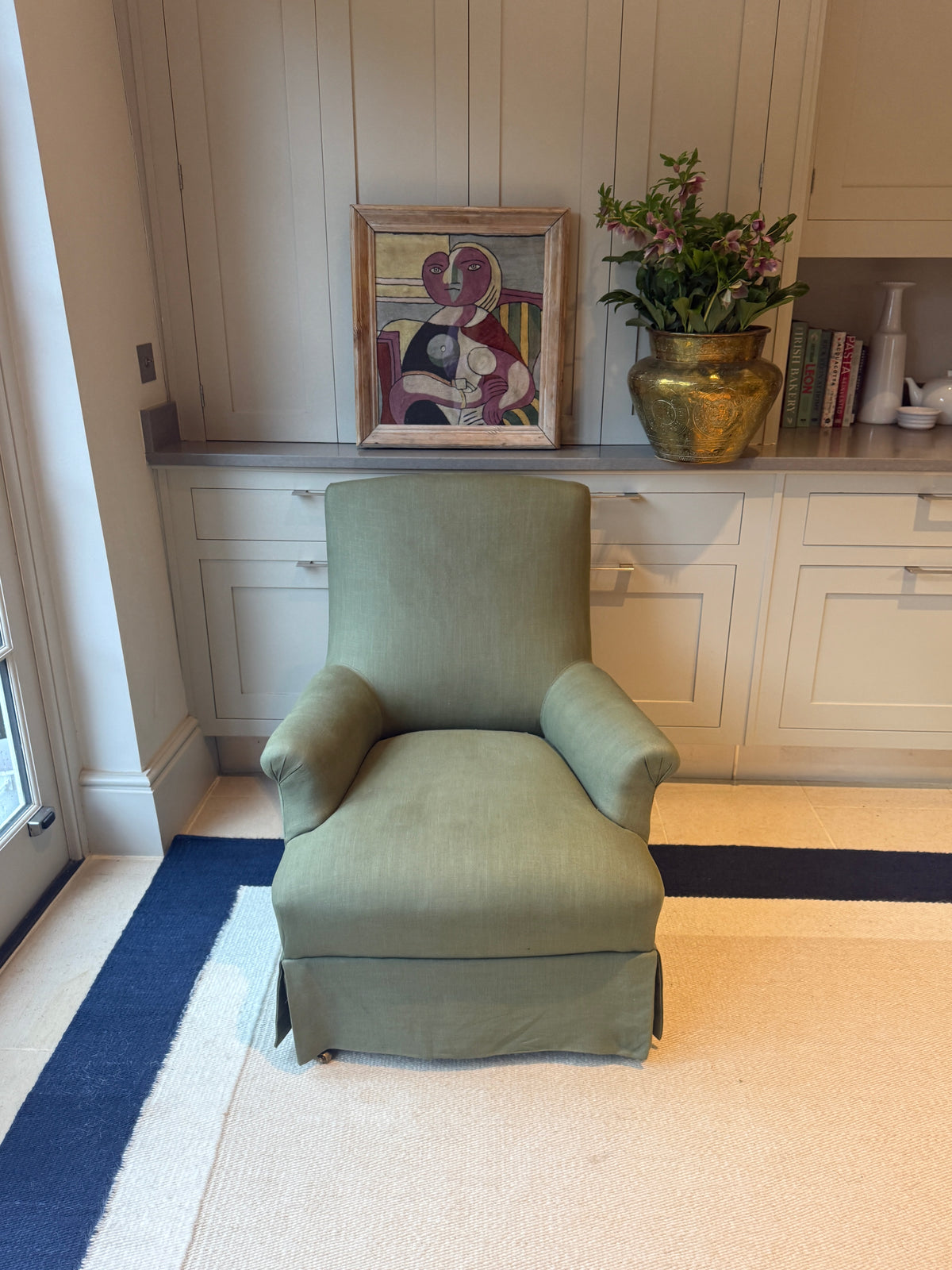 Napoleon III Armchair in Sage Green Linen