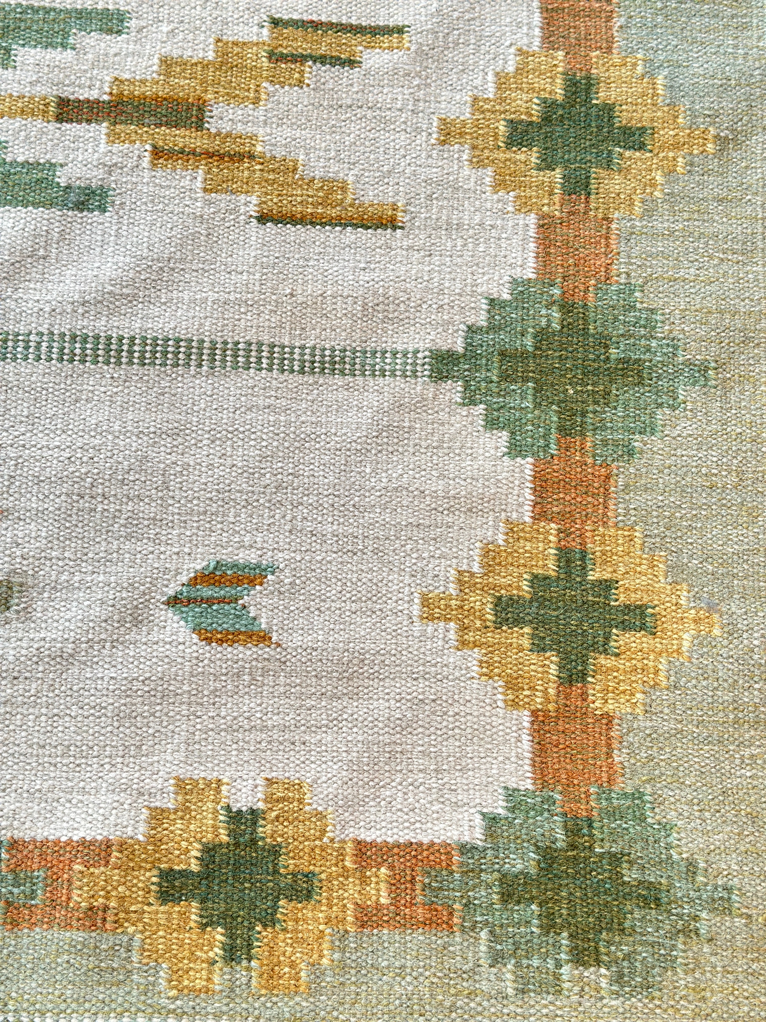 Vintage Swedish Flat Weave rug with green tones.