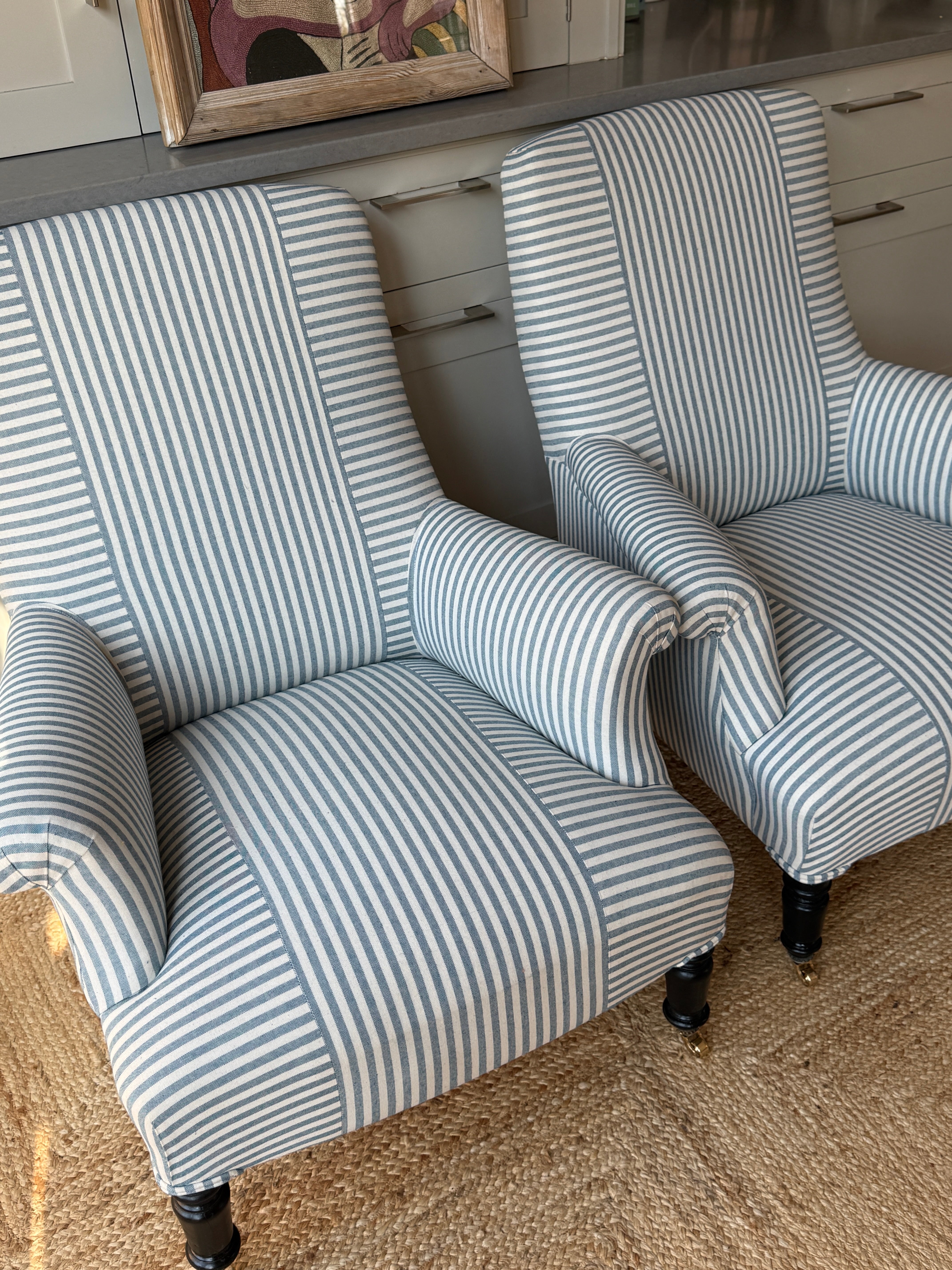 Pair of French Armchairs in Blue & White Ticking with Criss Cross Design