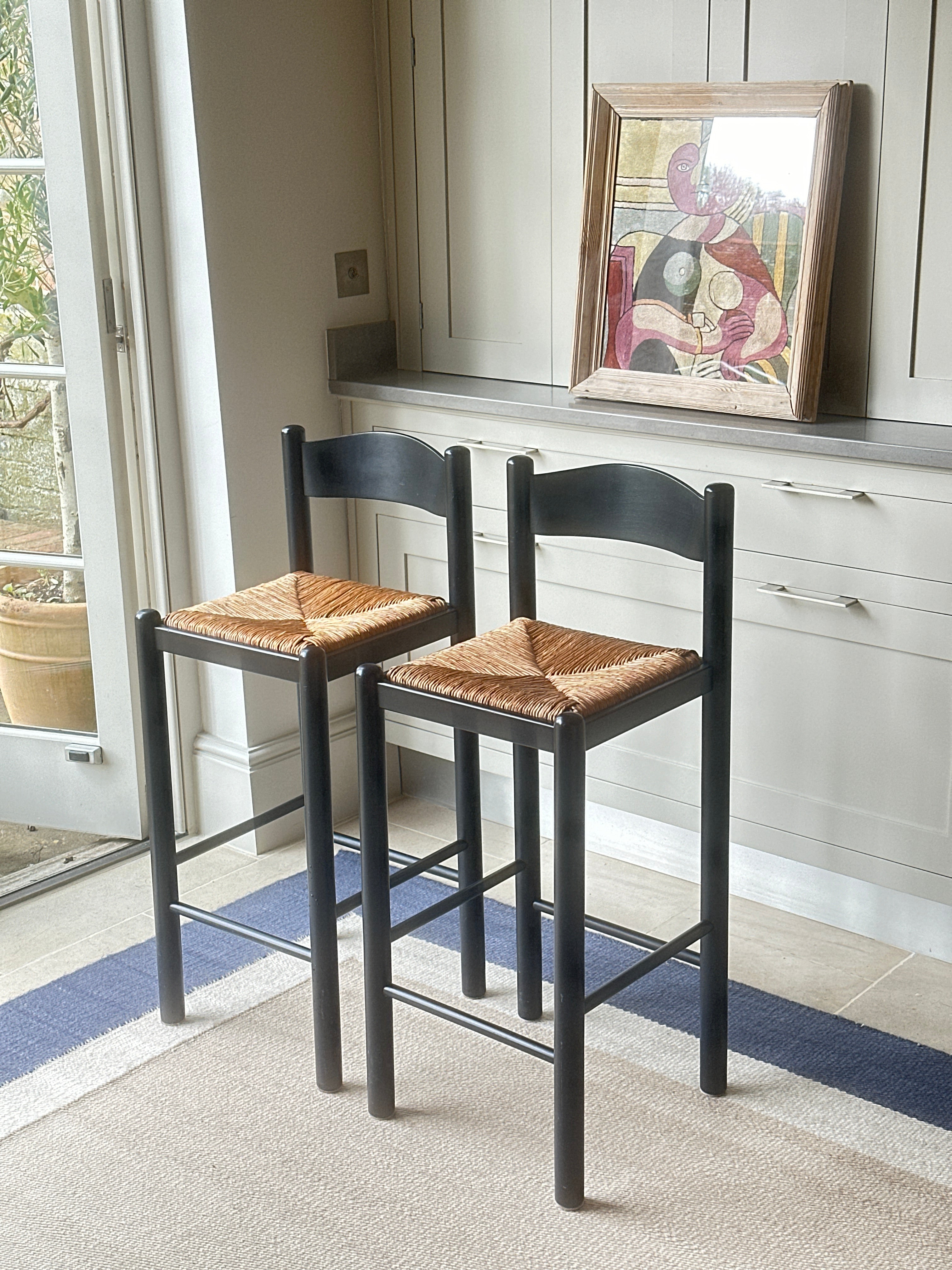 Pair of Vintage Rush Seat Bar Stools in Black