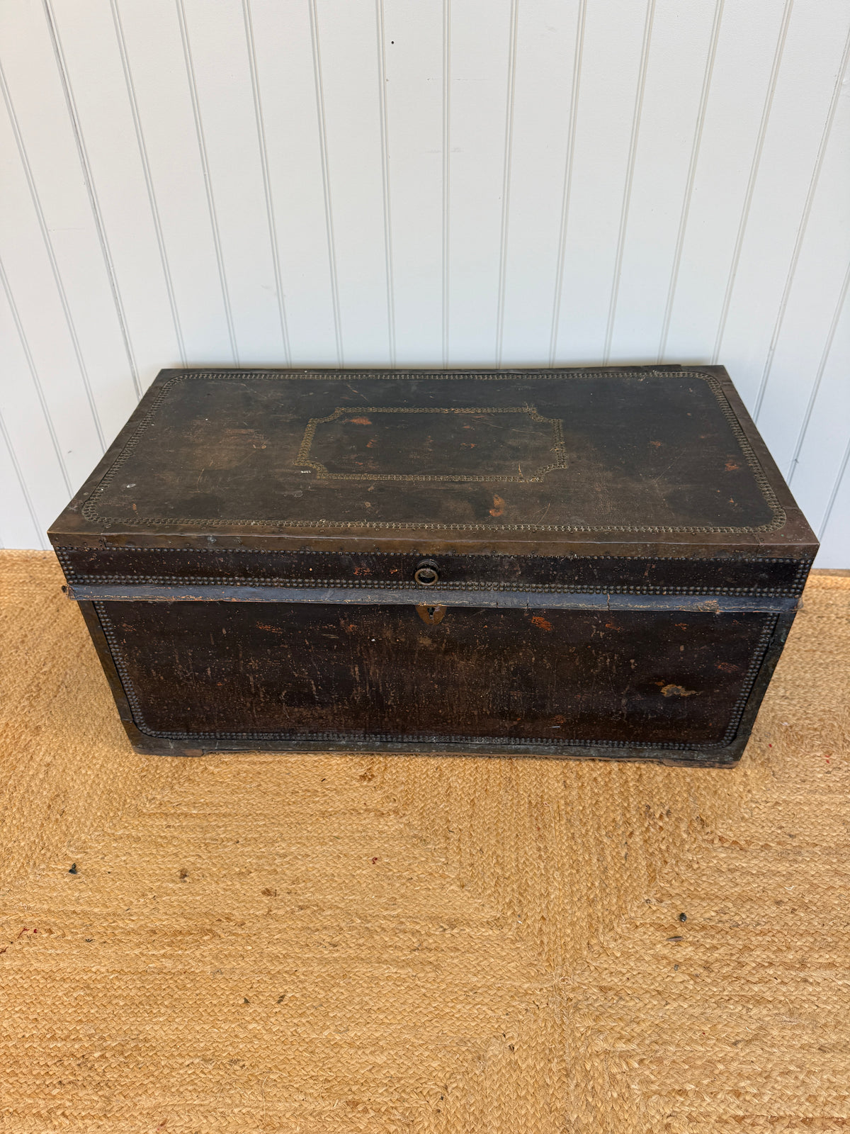 Antique Leather and Brass Studded Camphor Wood Trunk