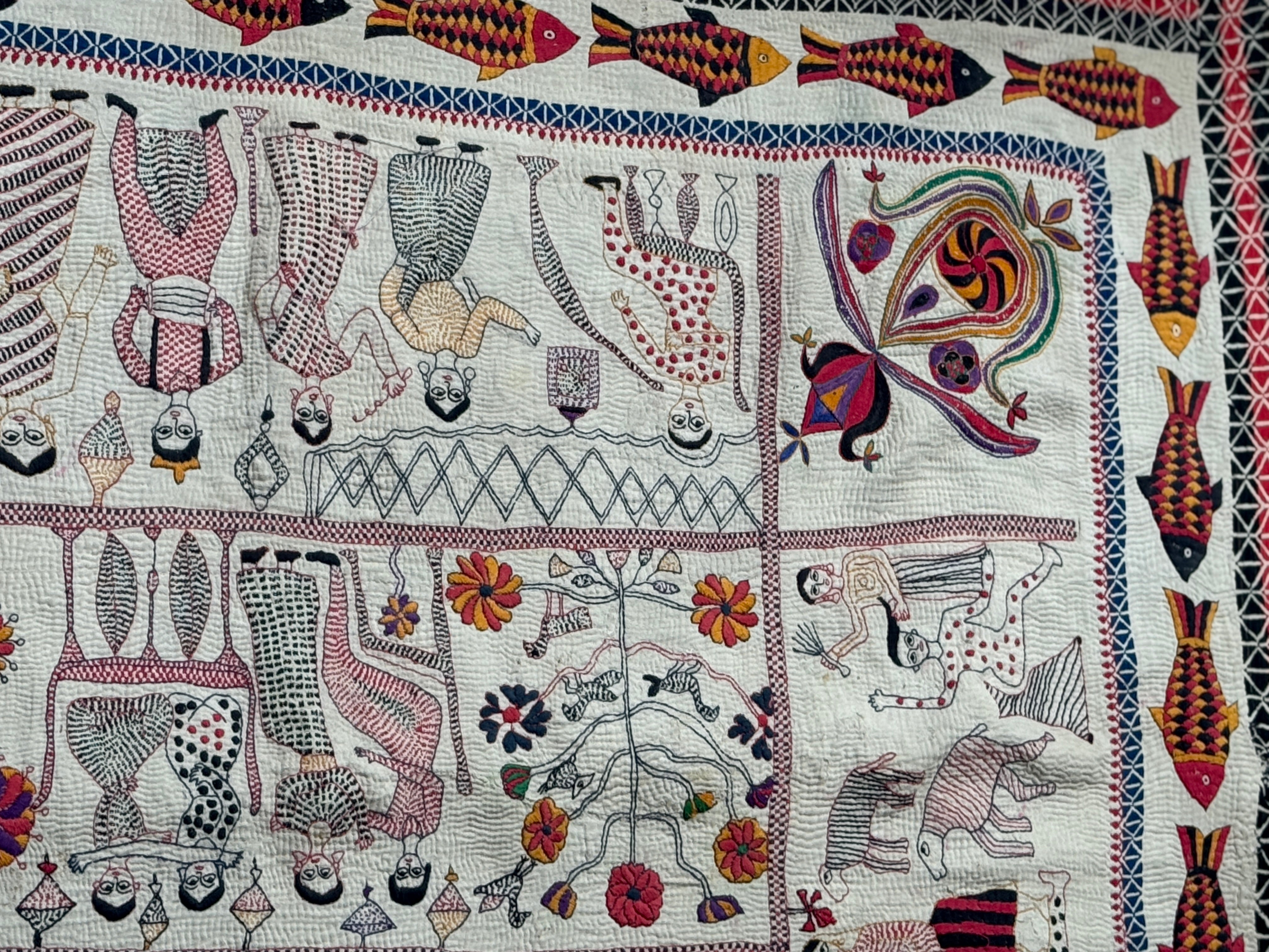 Rare Bengali Nakshi Kantha with Fish Border c late 19th Century