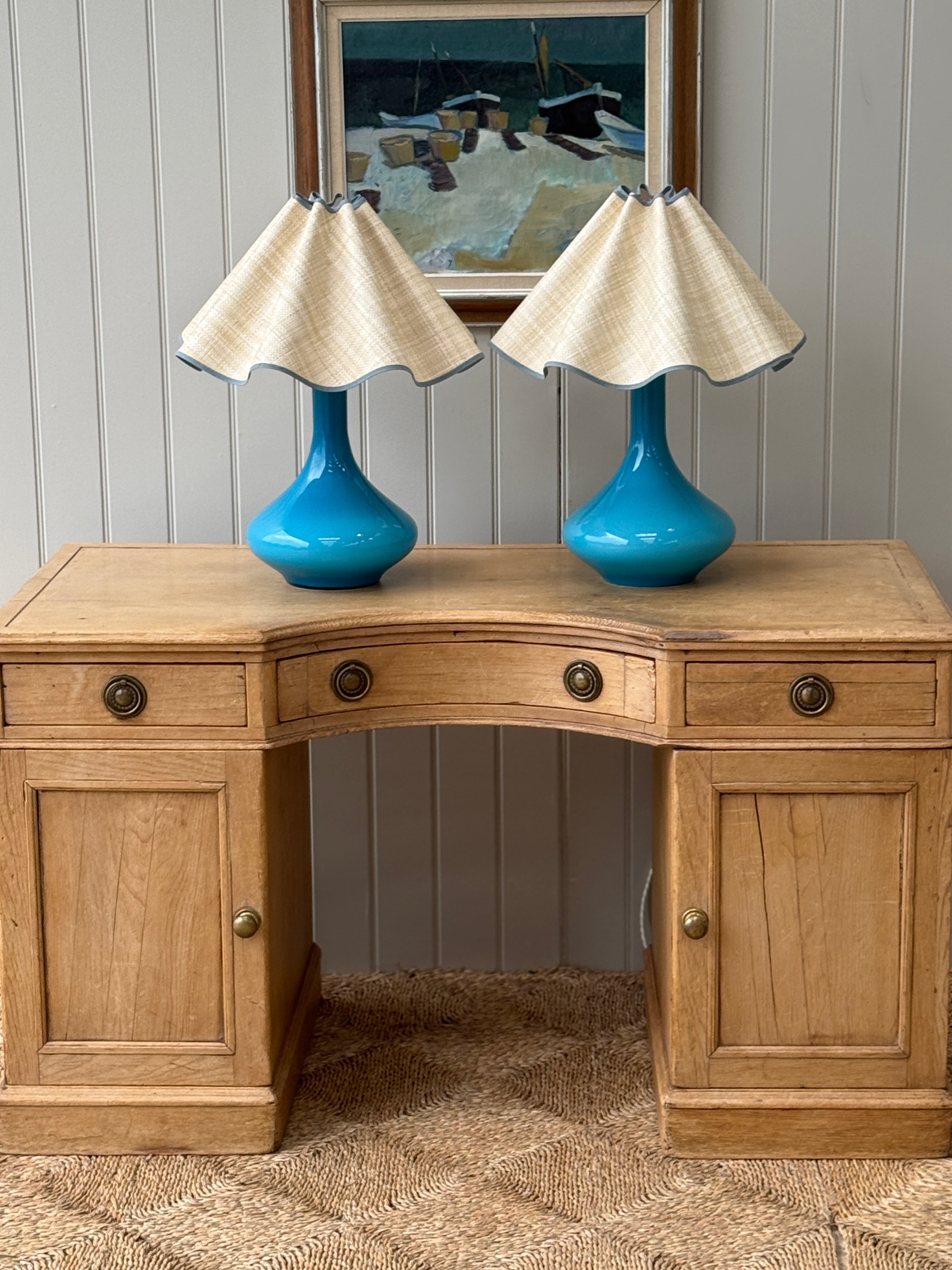 Pair of Large Turquoise Holmegaard lamps by Jacob E Bang
