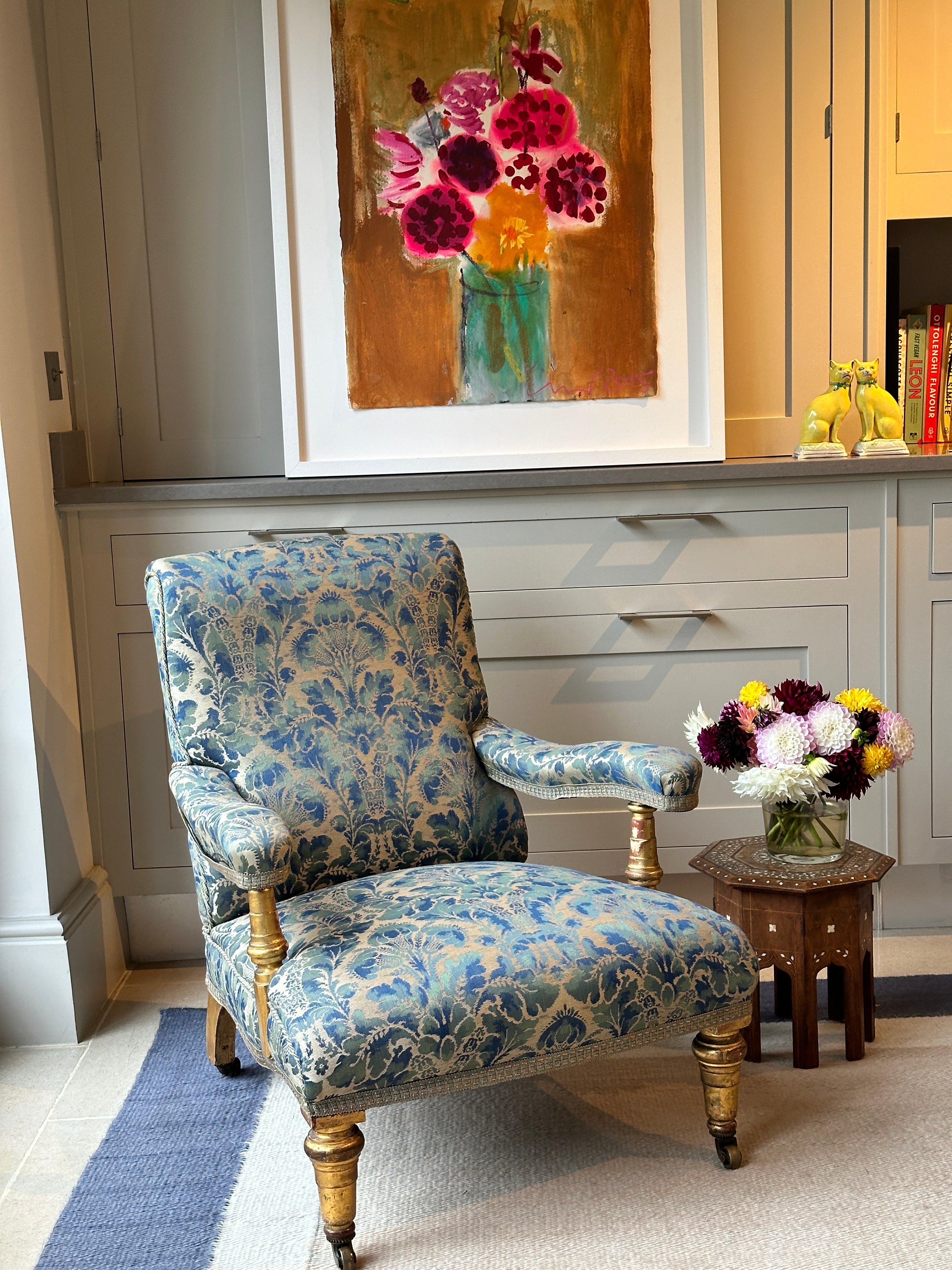 Country House Open Armchair in original blue damask.