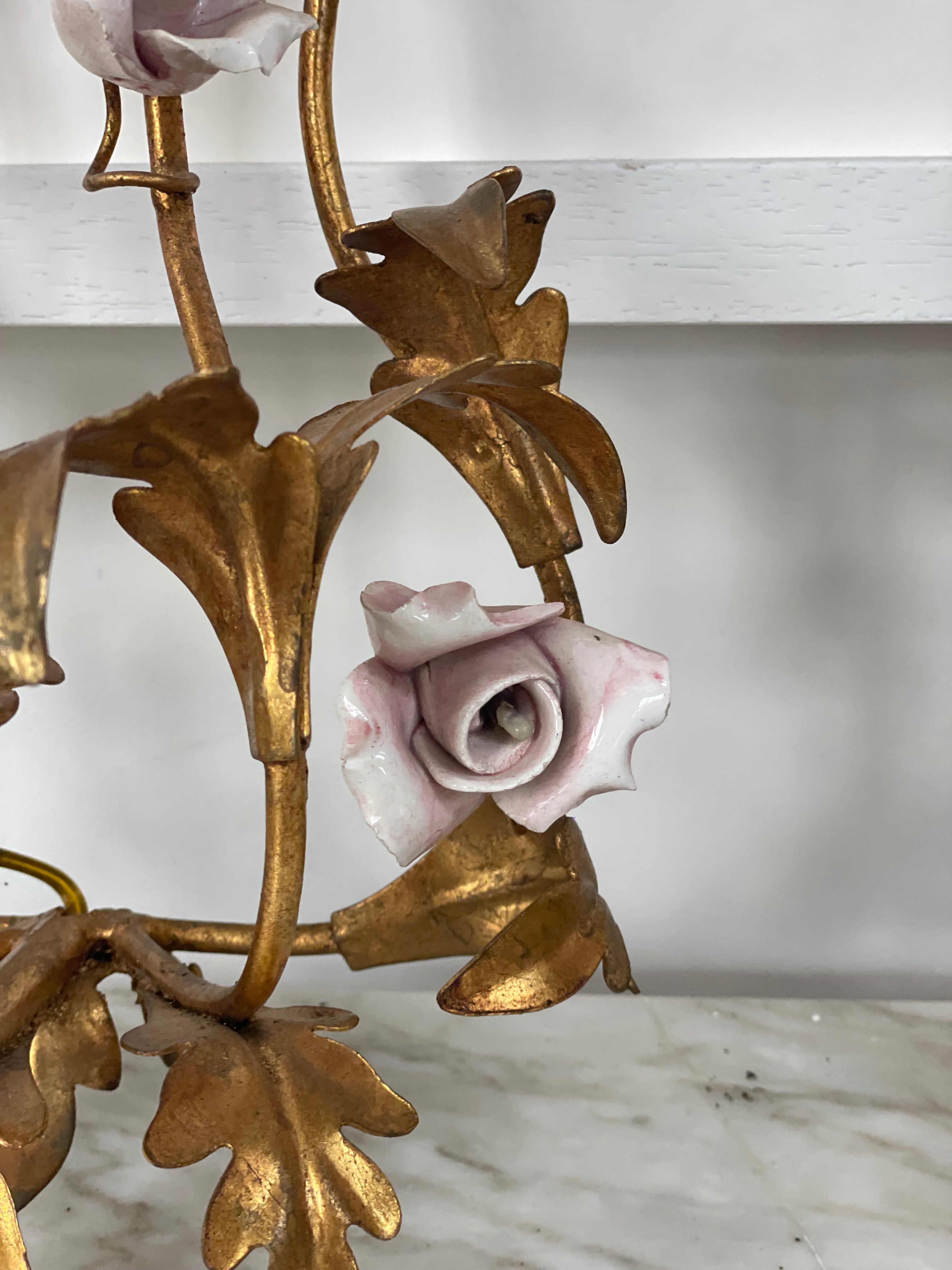 Pair of Gilt Toleware Wall Lights with Ceramic Roses