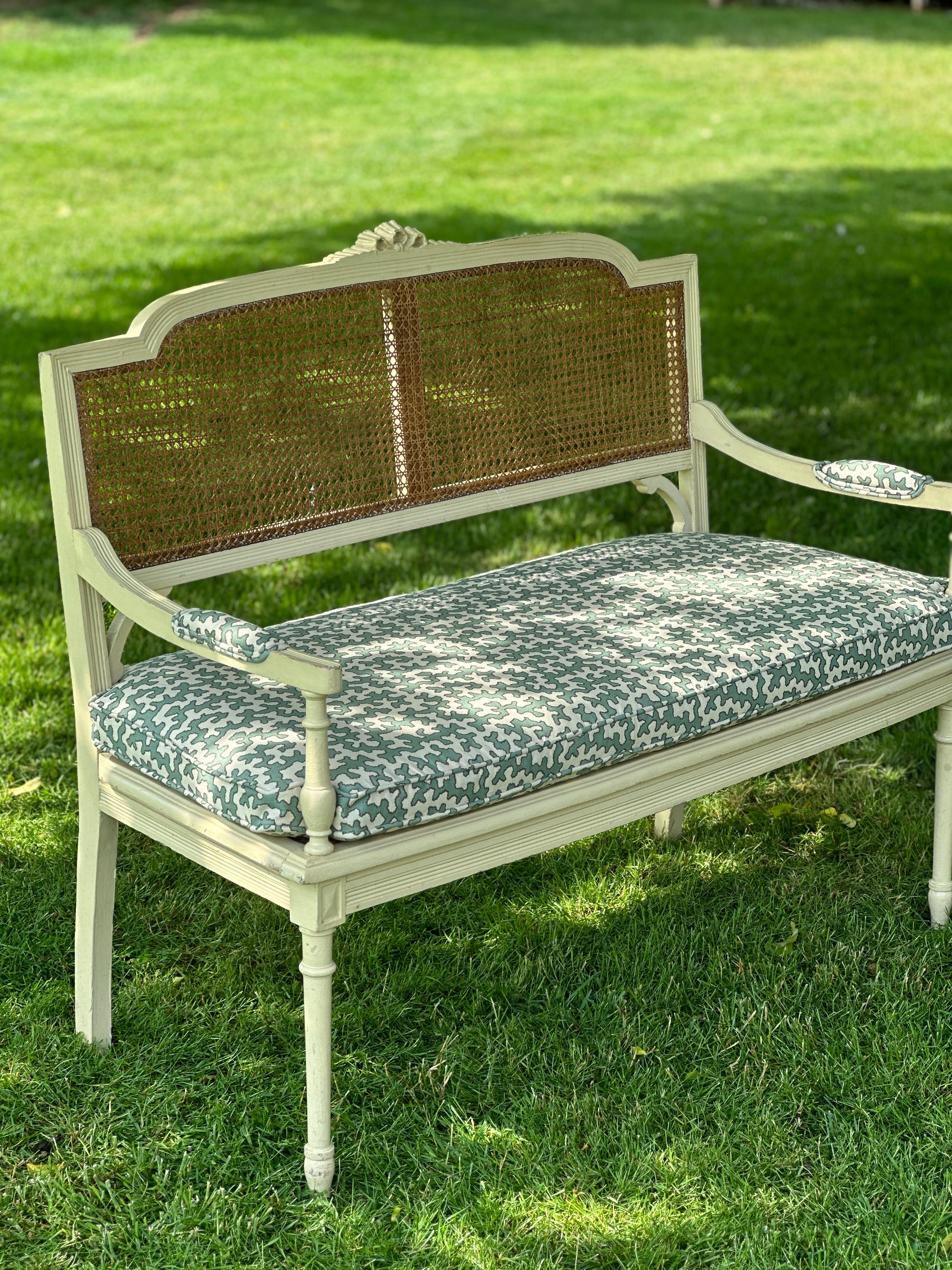 19th Century Cane Bench with Cushion with Colefax & Fowler Squiggle Fabric