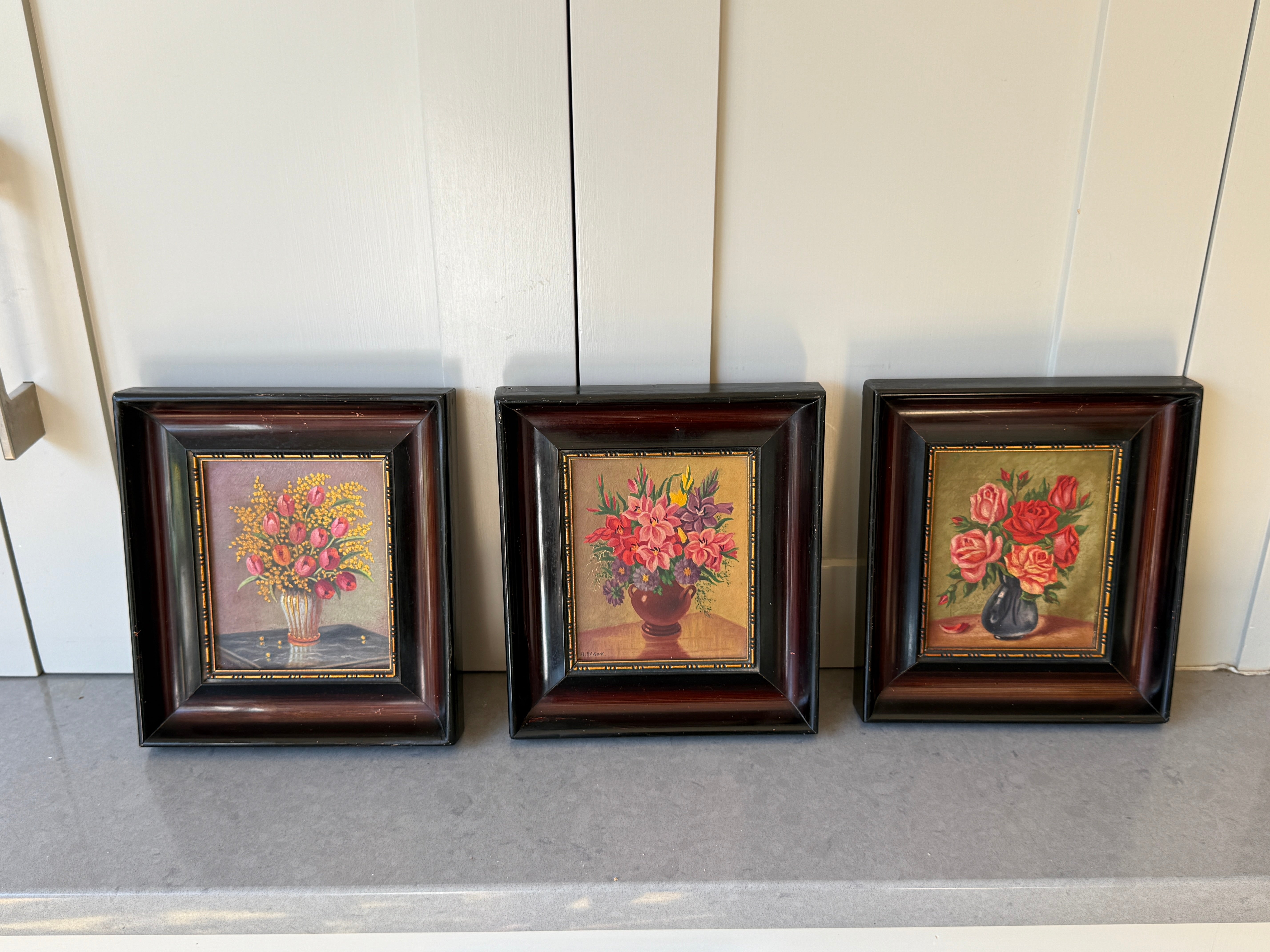 Set of 3 Small Floral Oil Pastel Paintings