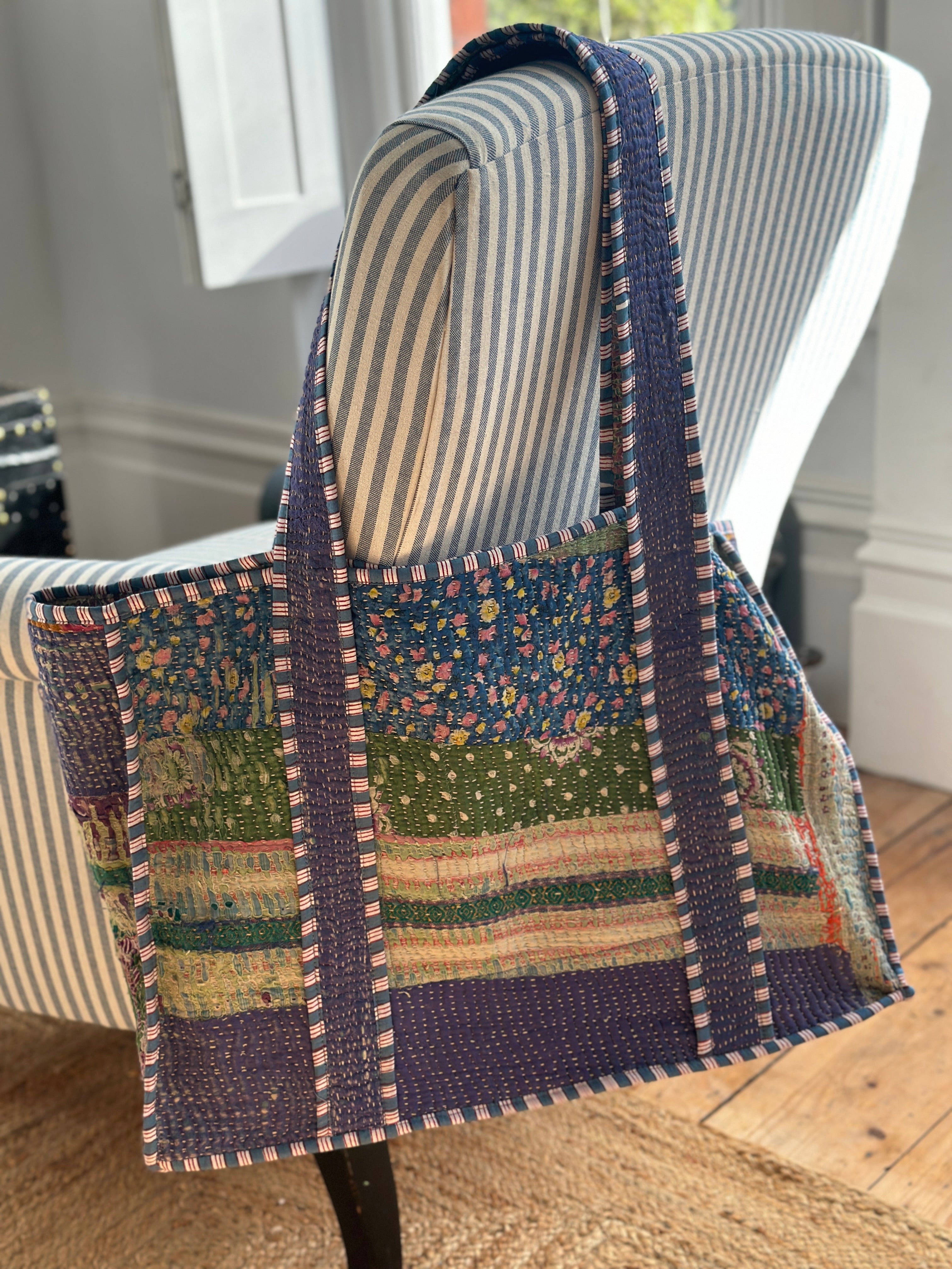 Vintage Indian Kantha Totes with Stripy Piping