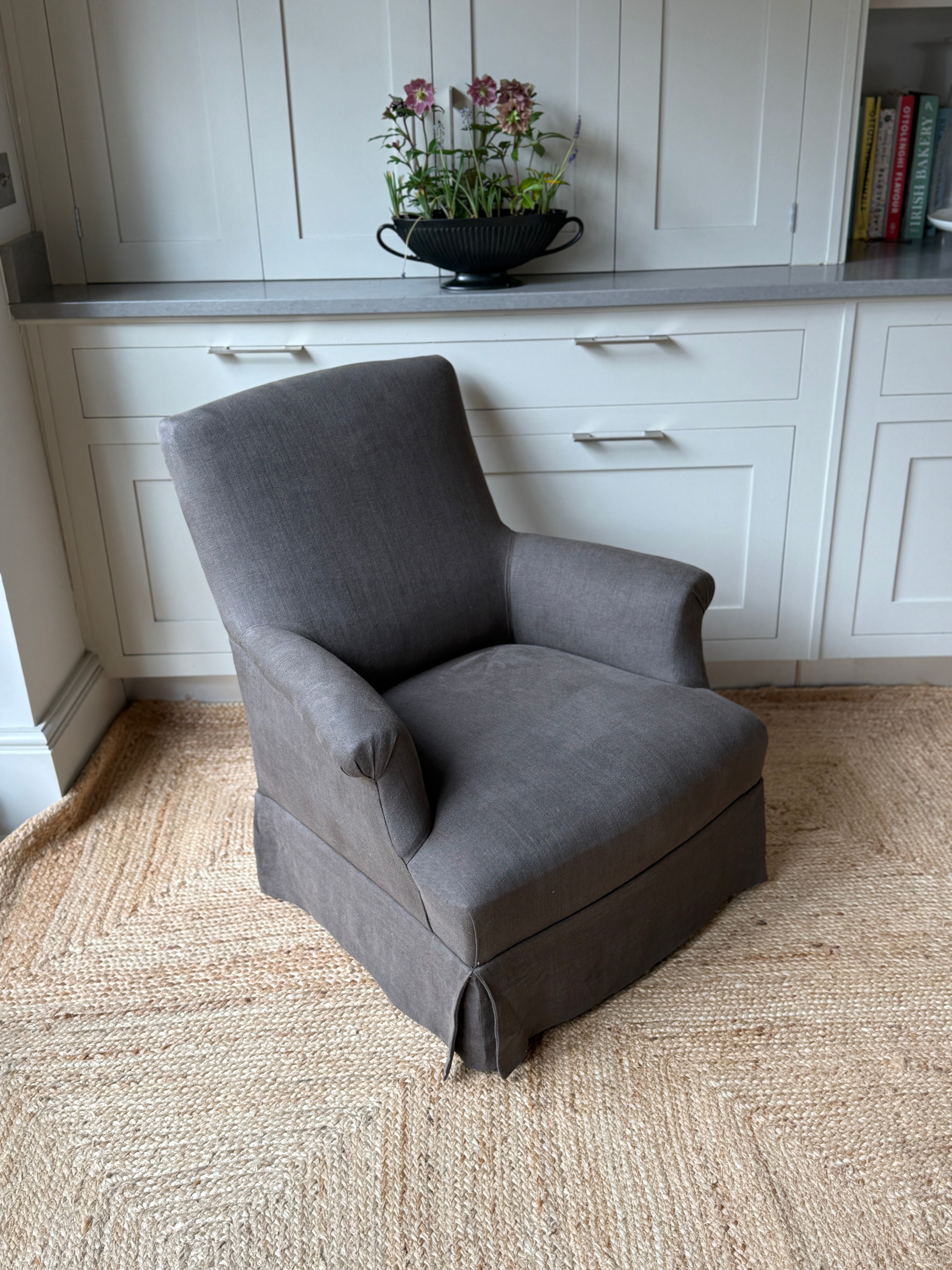 Single French Armchair in Heavy Brown Linen