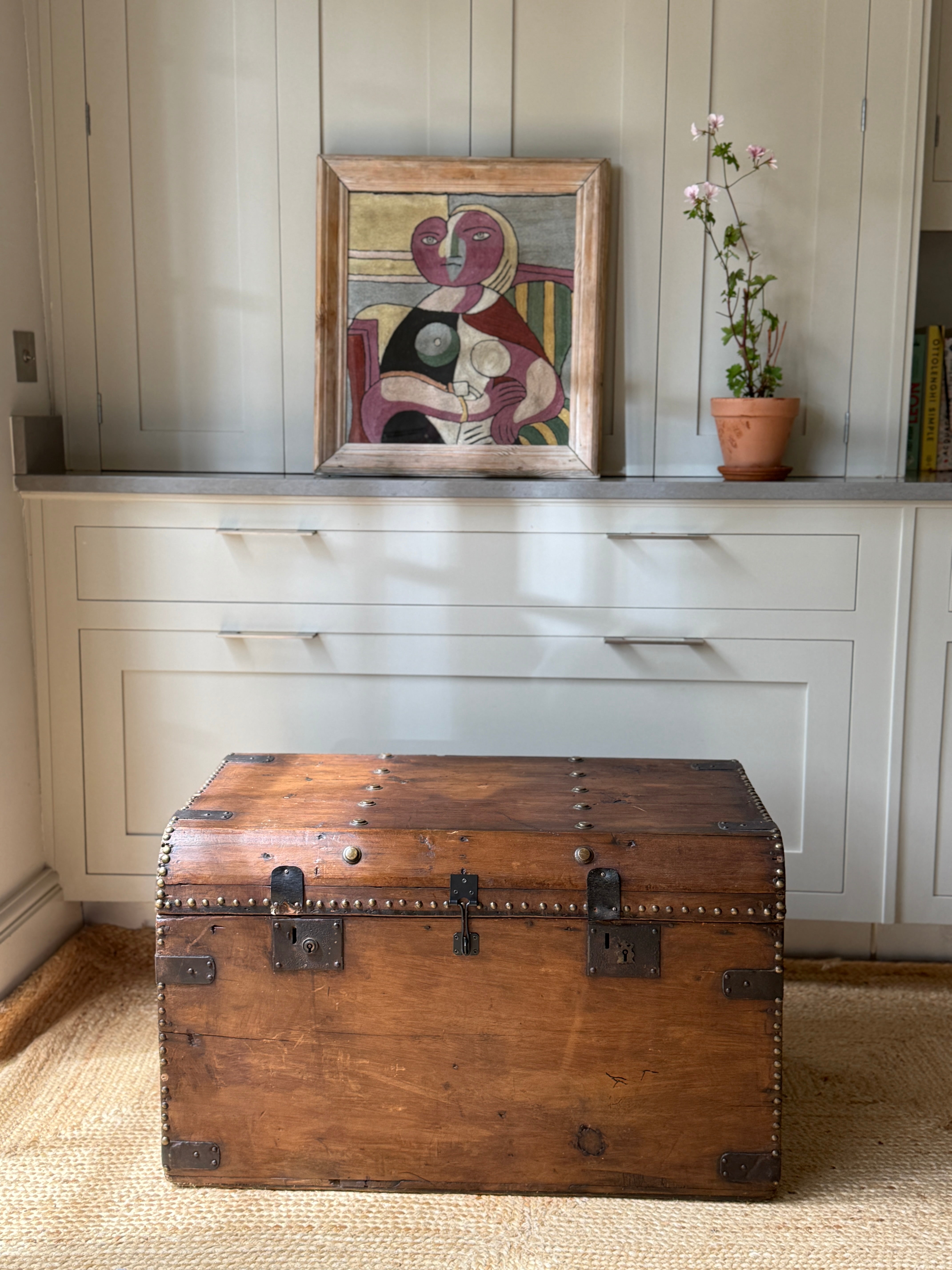 Large Antique Pine Truck with Brass Studs and Rounded Edges