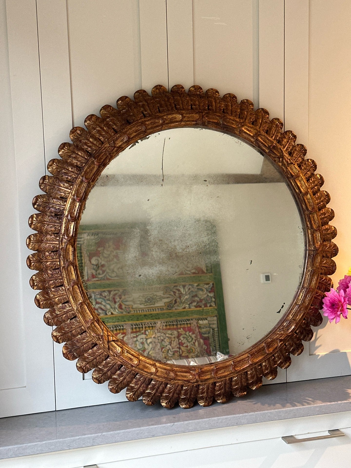 Large Round Spanish Antique Carved Wood Mirror