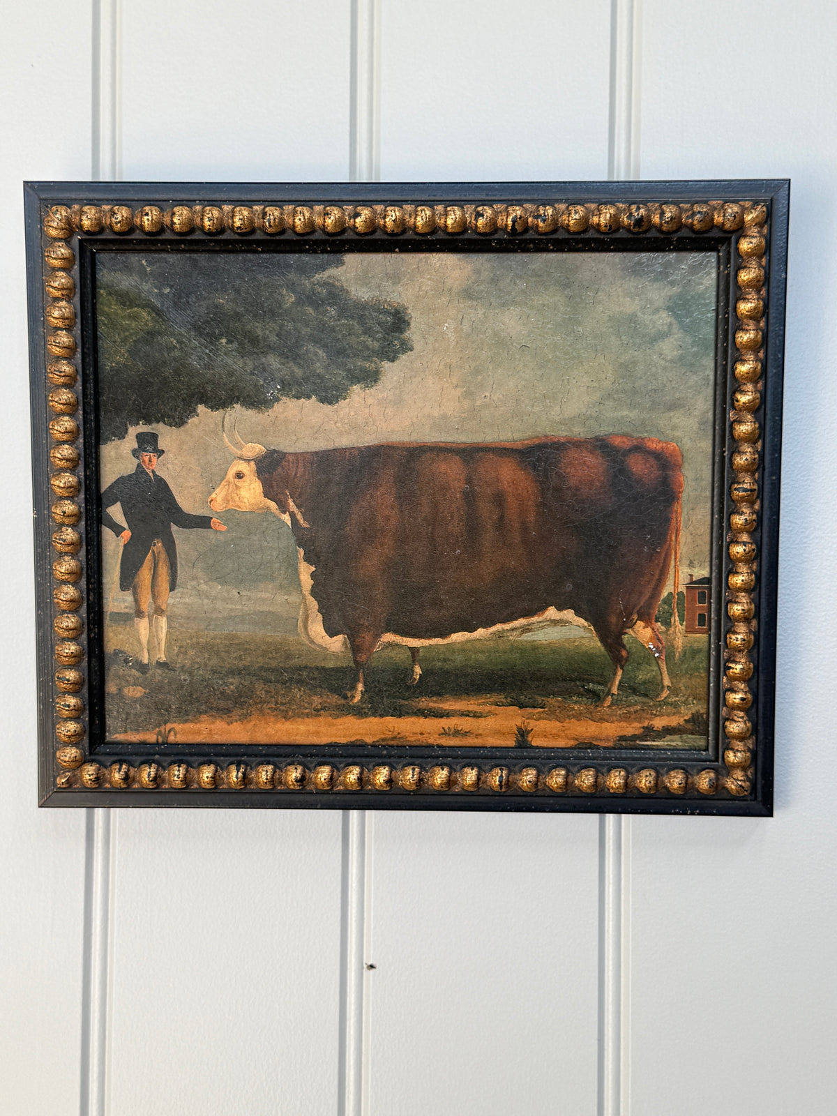 Framed Oil on Board Painting of Prize Bull and Owner
