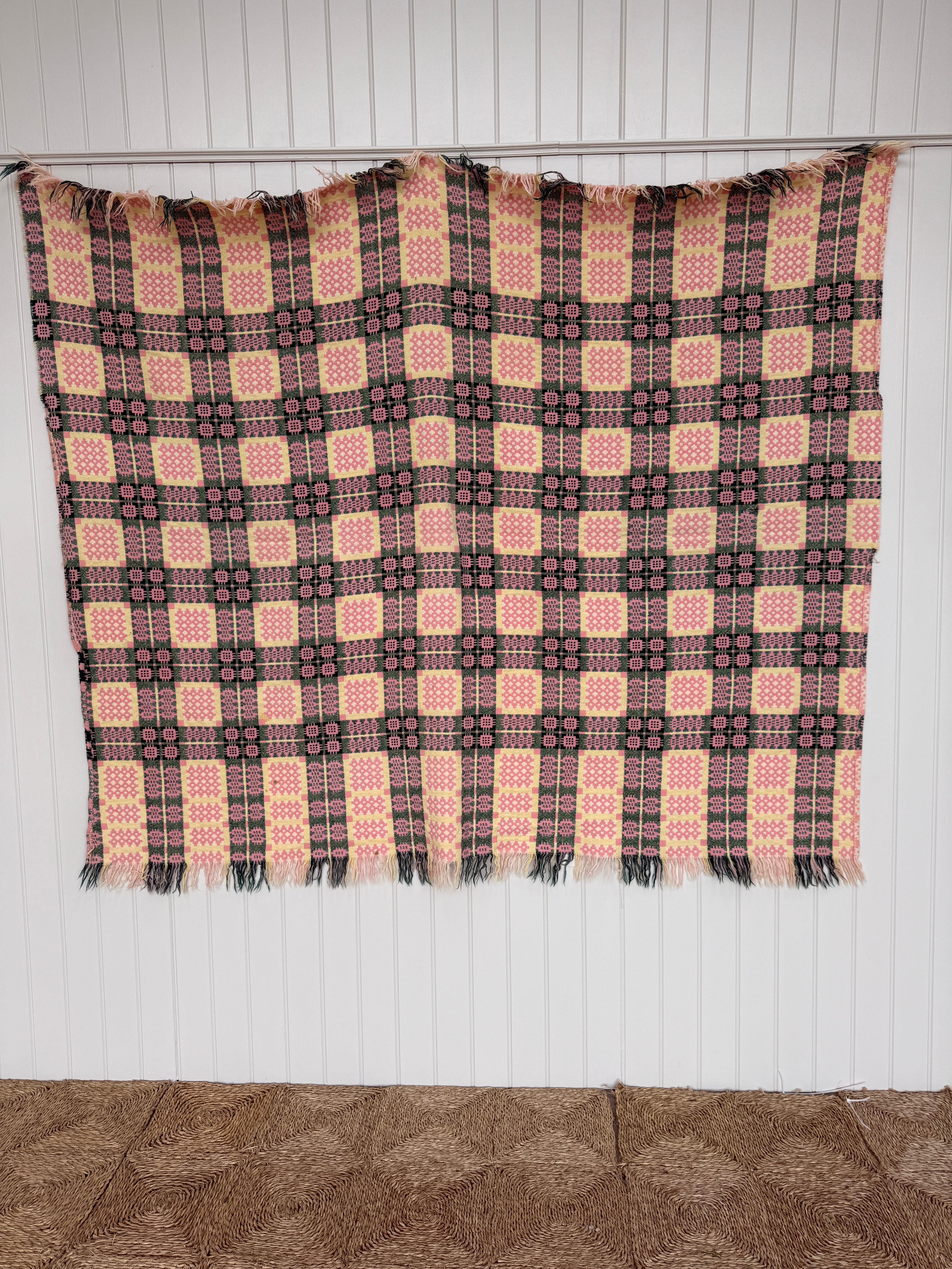 Vintage Welsh Blanket in Pink, Green and Yellow