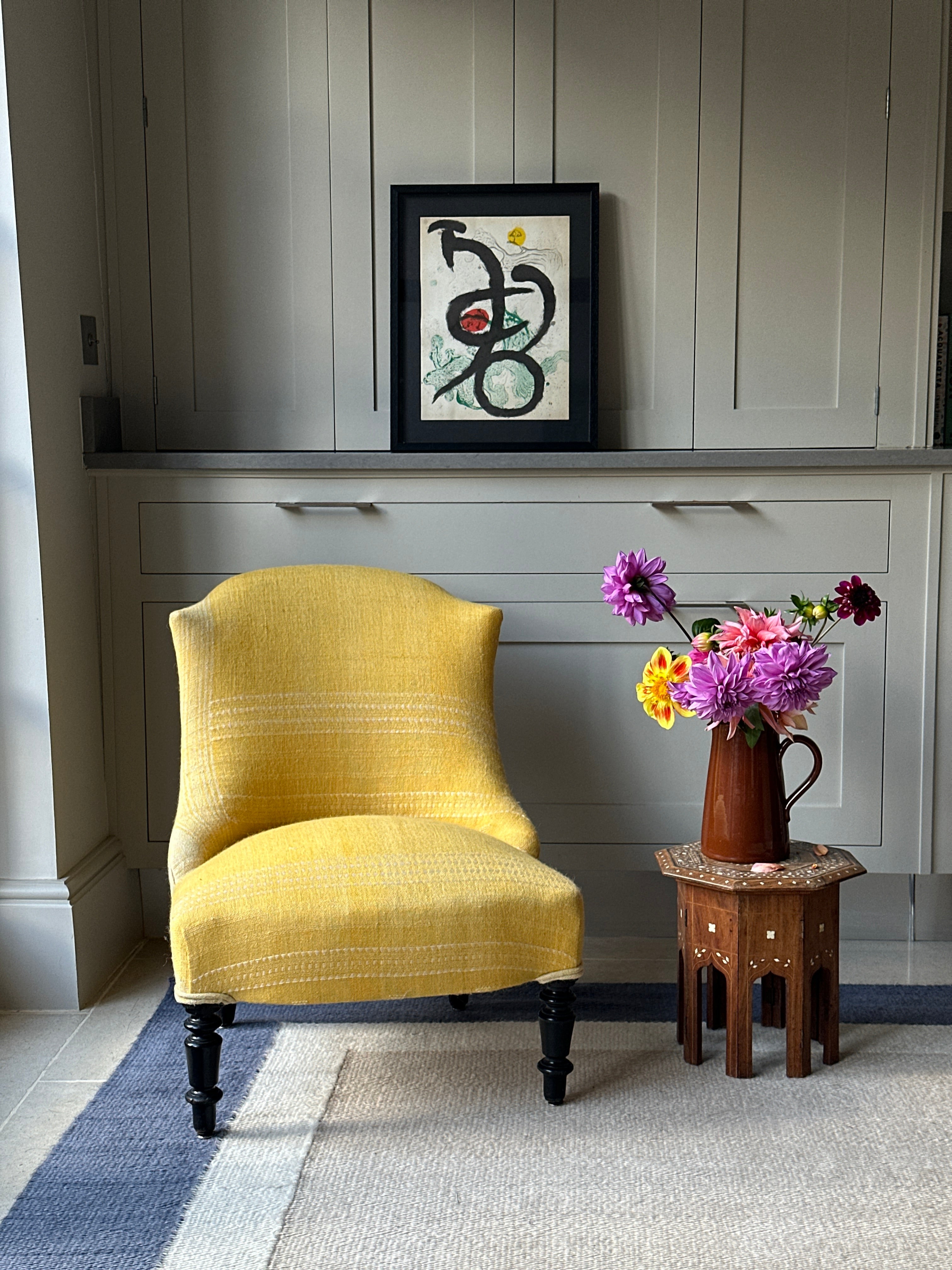 French Slipper Chair in vintage yellow Indian Camel Wool textile