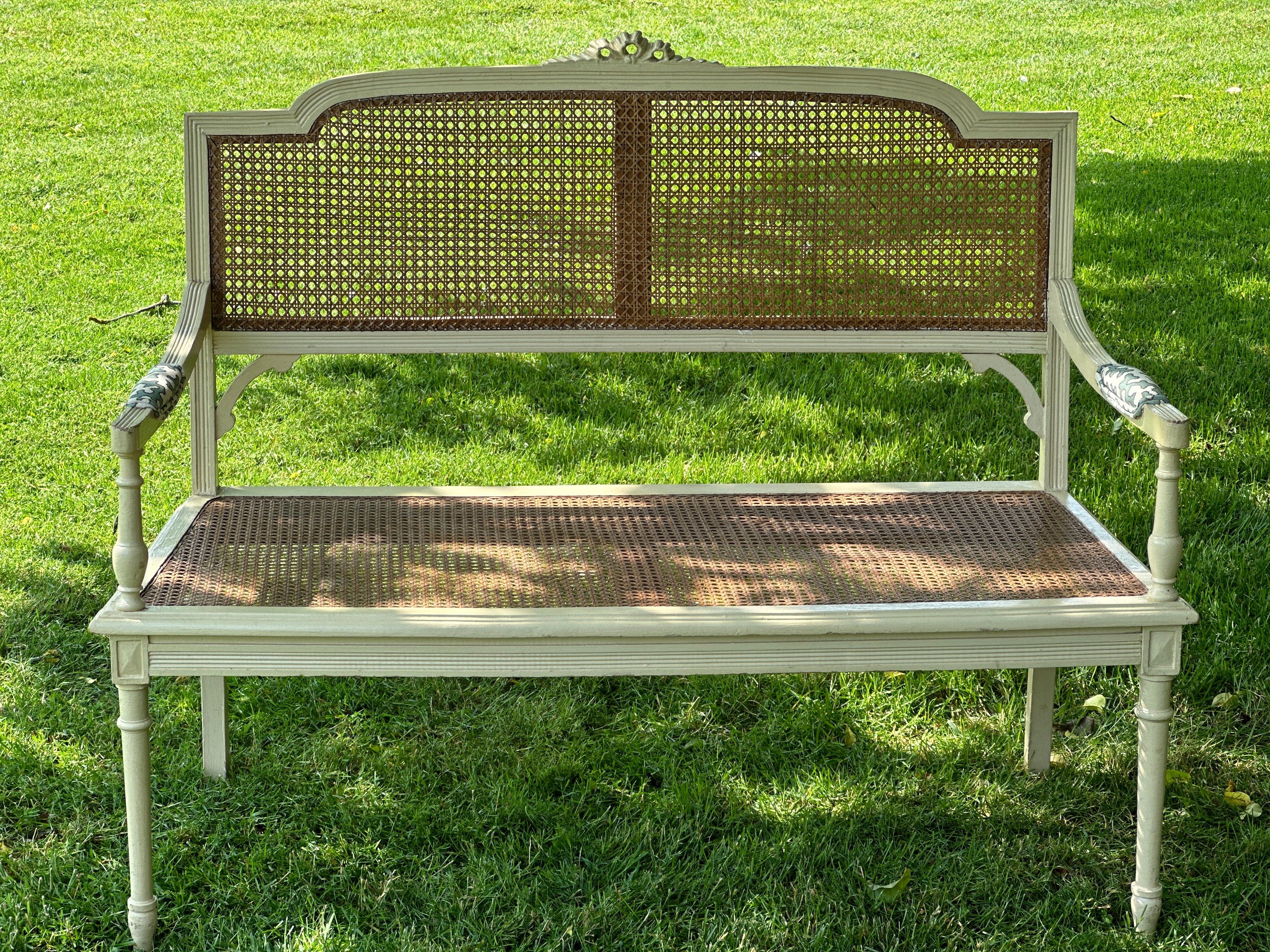 19th Century Cane Bench with Cushion with Colefax & Fowler Squiggle Fabric