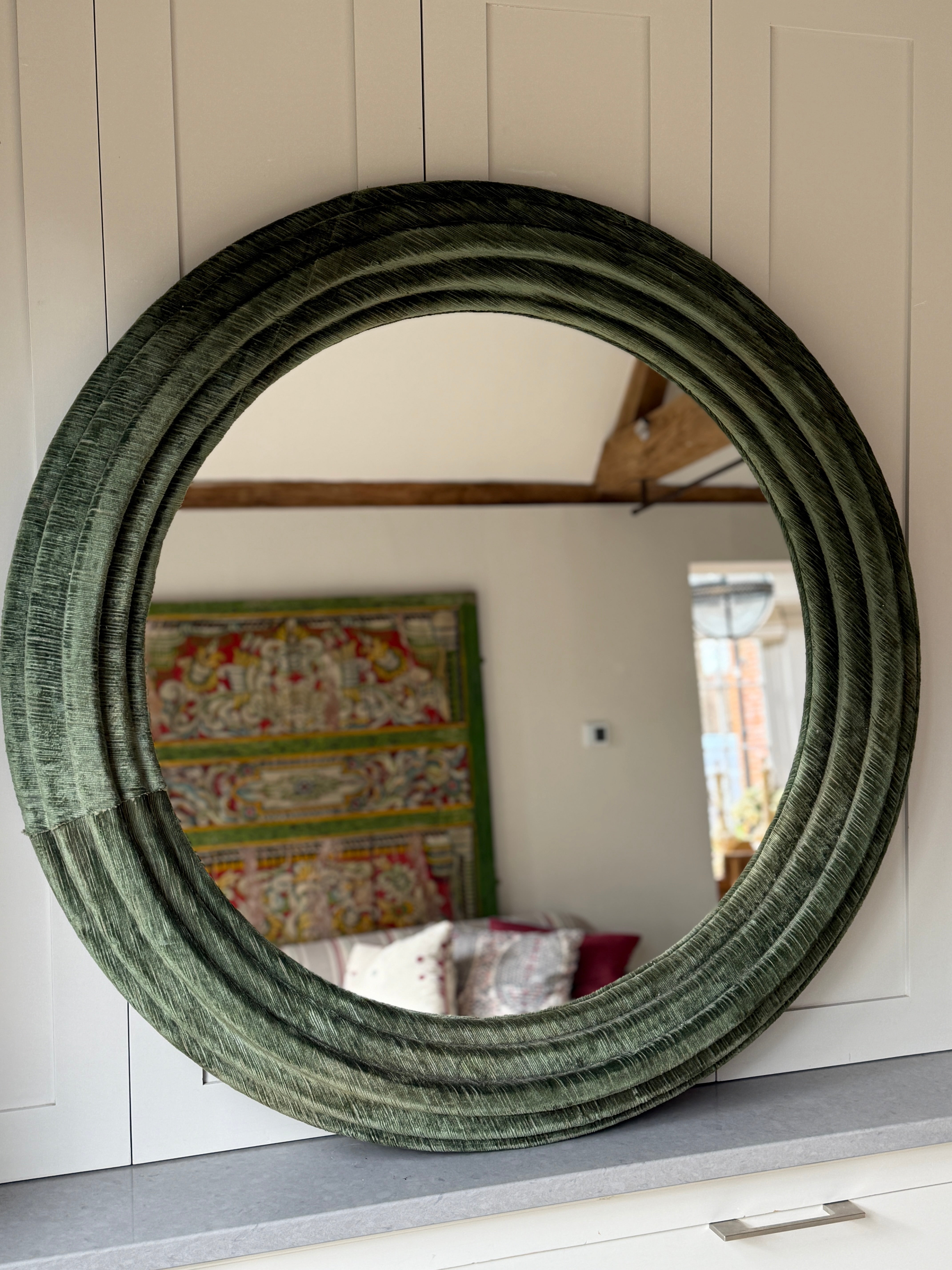 Large Modern Circular Mirror in Green Corduroy Velvet