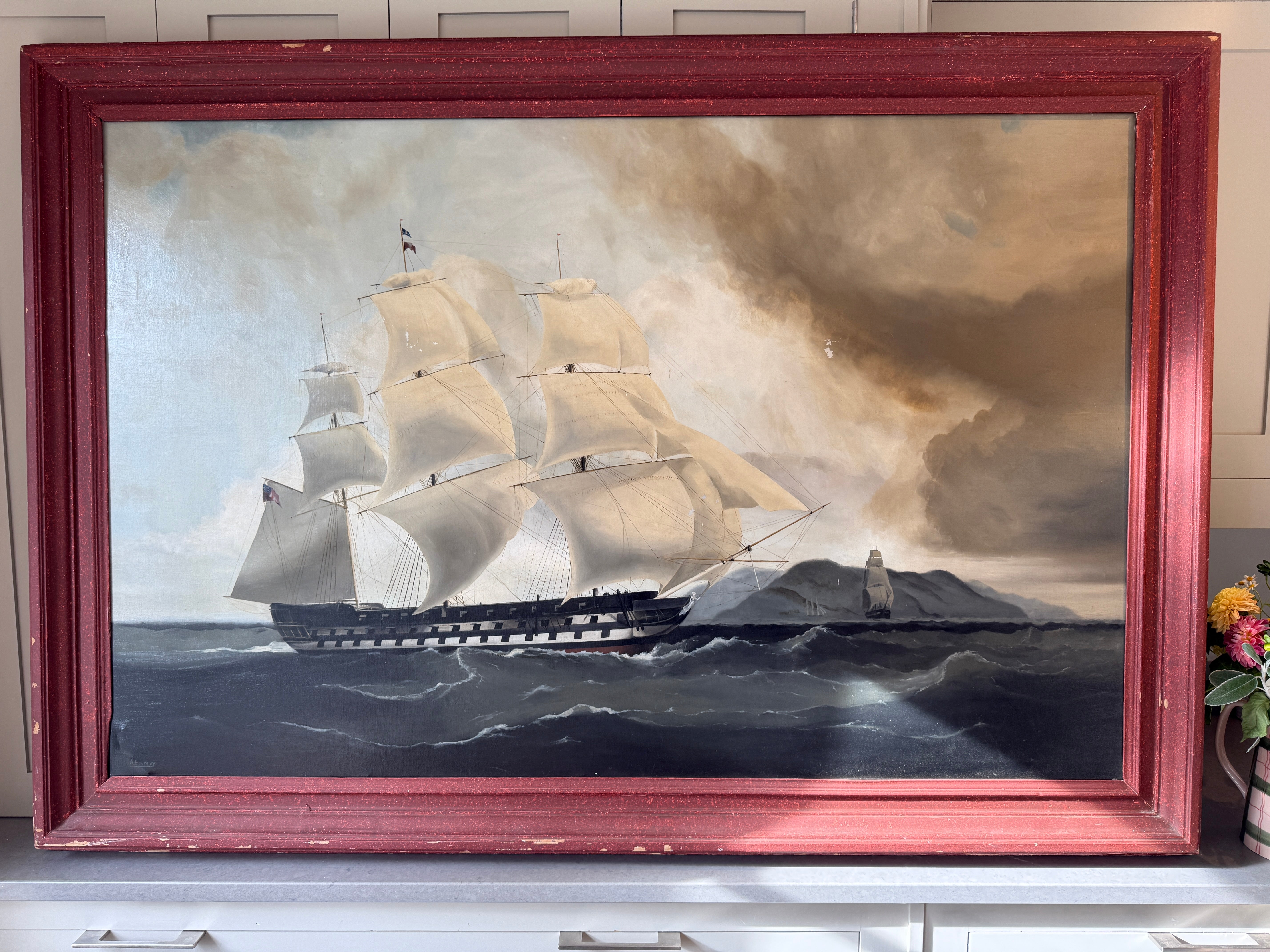 Large Naive Oil Painting of huge Sail boat in Harbour by A Findlay