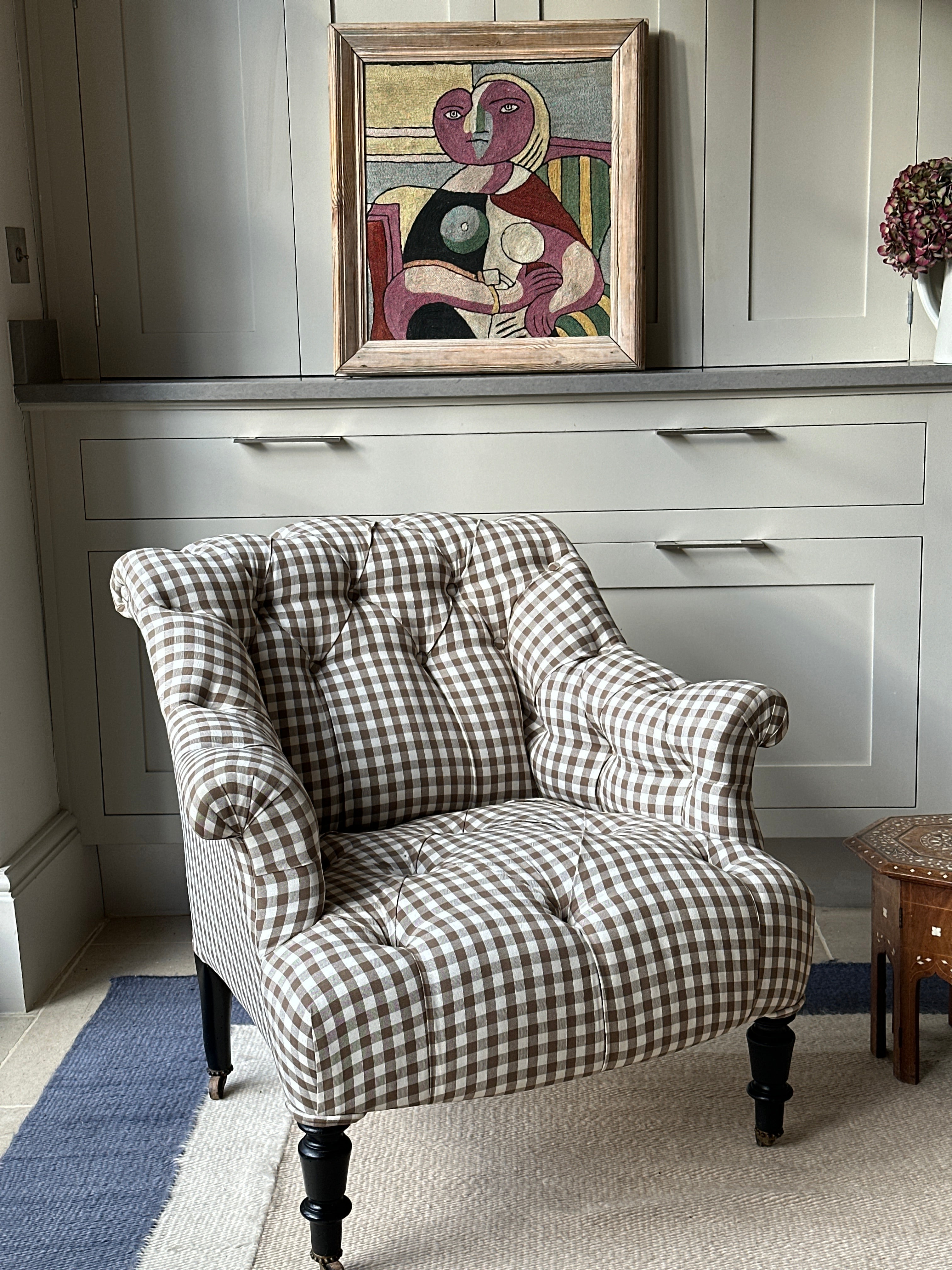 Small French Button Back Chair in Brown Gingham