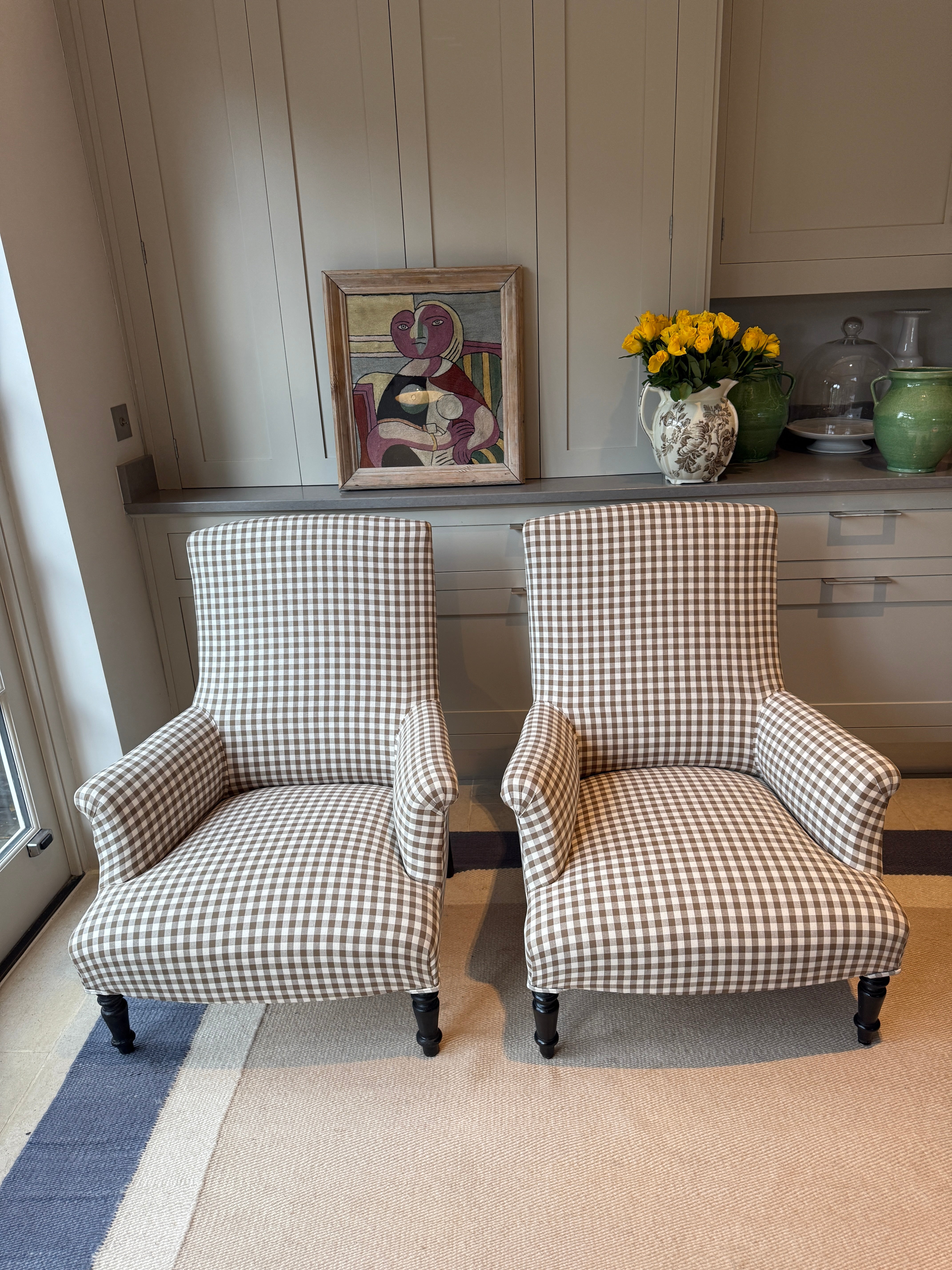 Pair of French Squareback Chairs in Brown Gingham