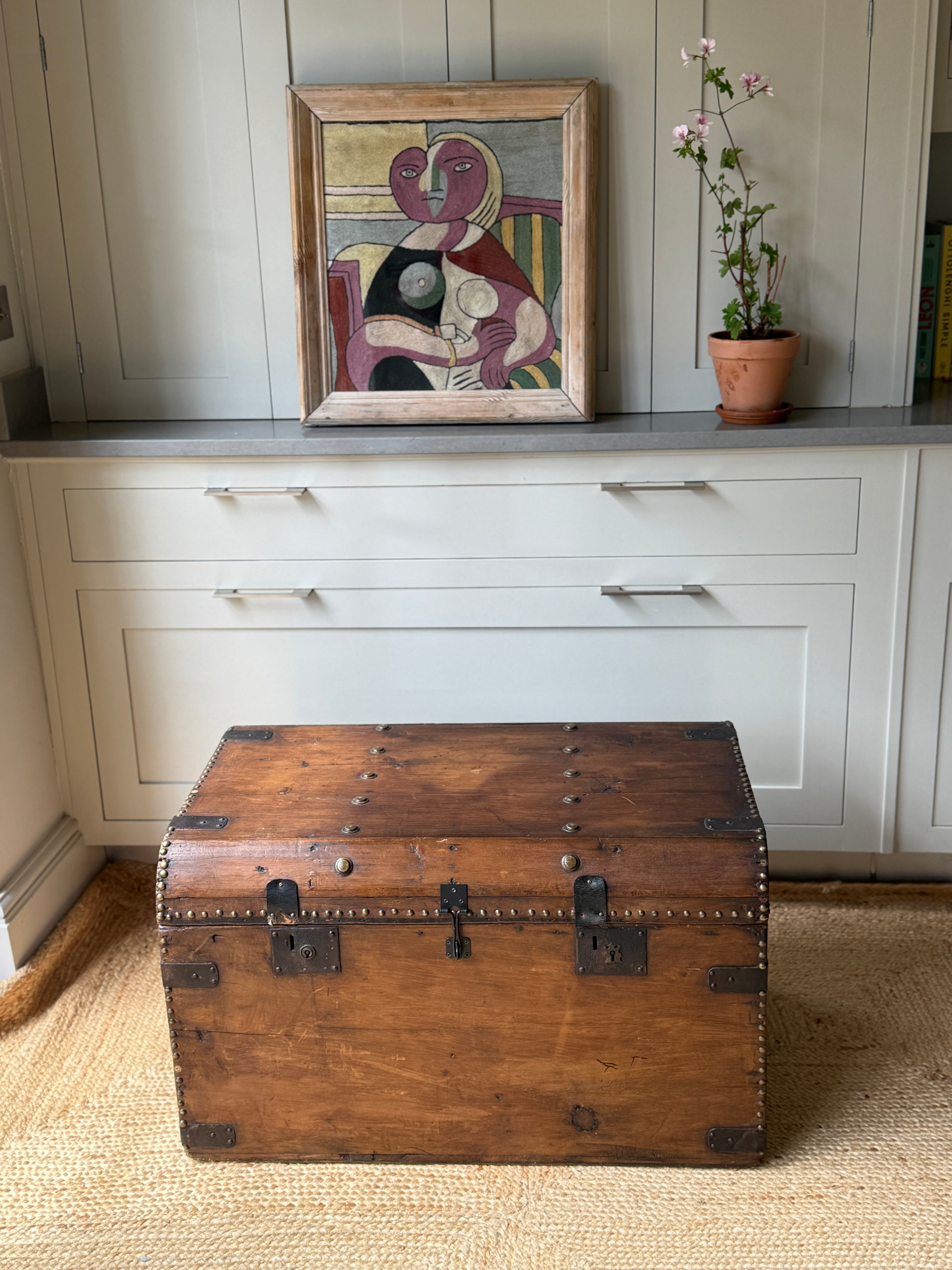 Large Antique Pine Truck with Brass Studs and Rounded Edges