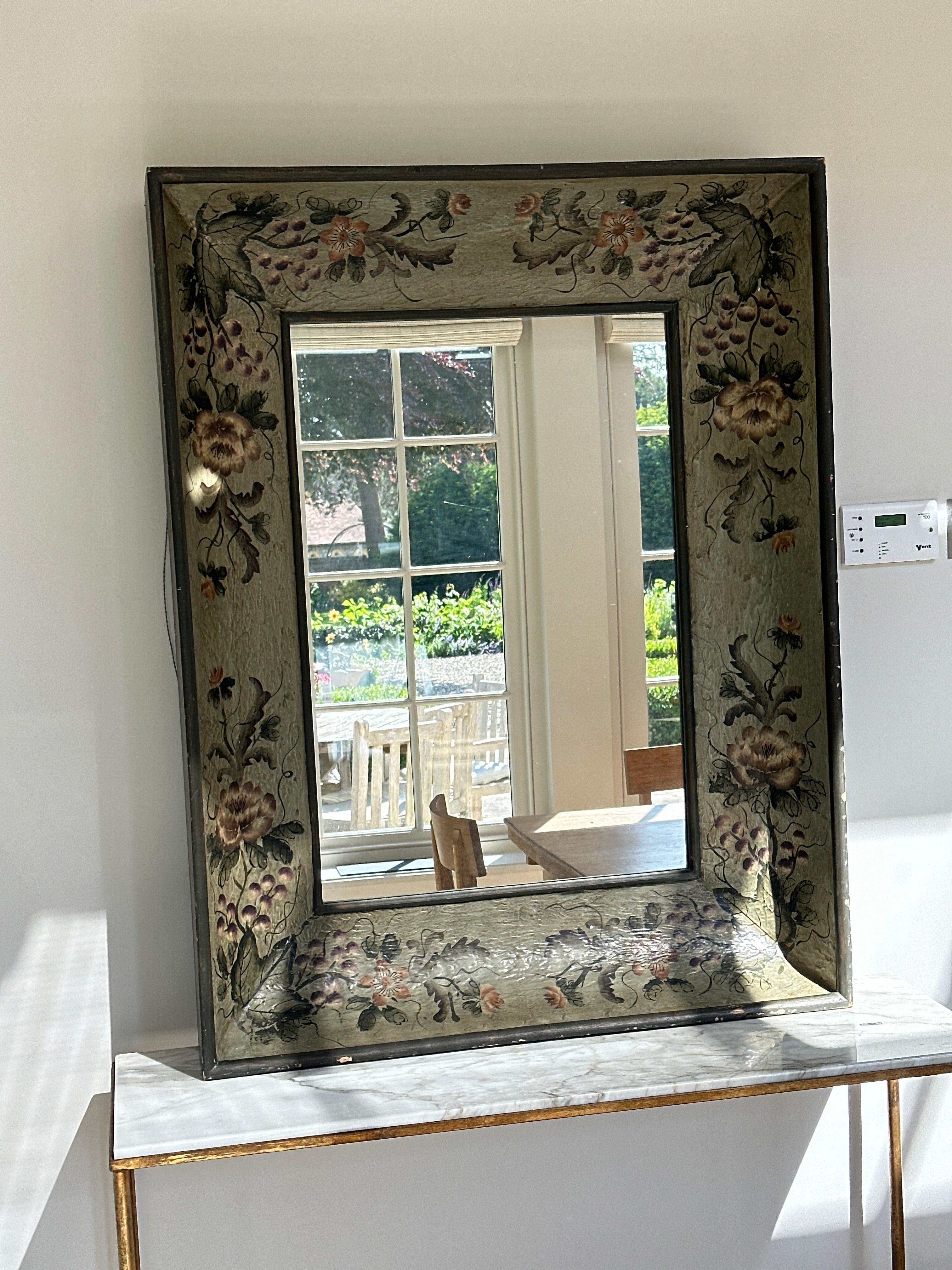 Large Vintage Wooden Dark Green Mirror with hand painted floral motifs