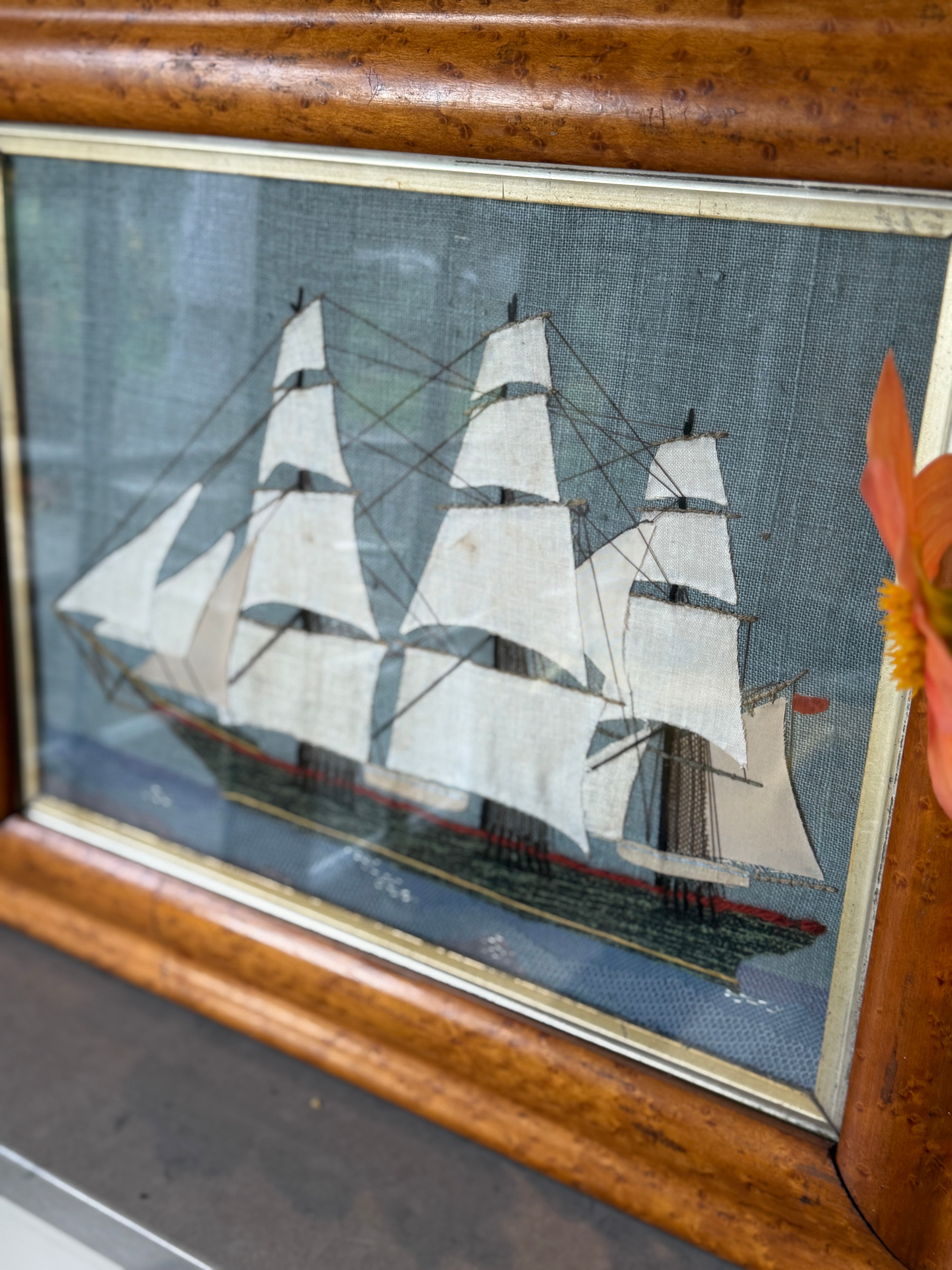 Decorative Wool Work Nautical Picture in Walnut Frame