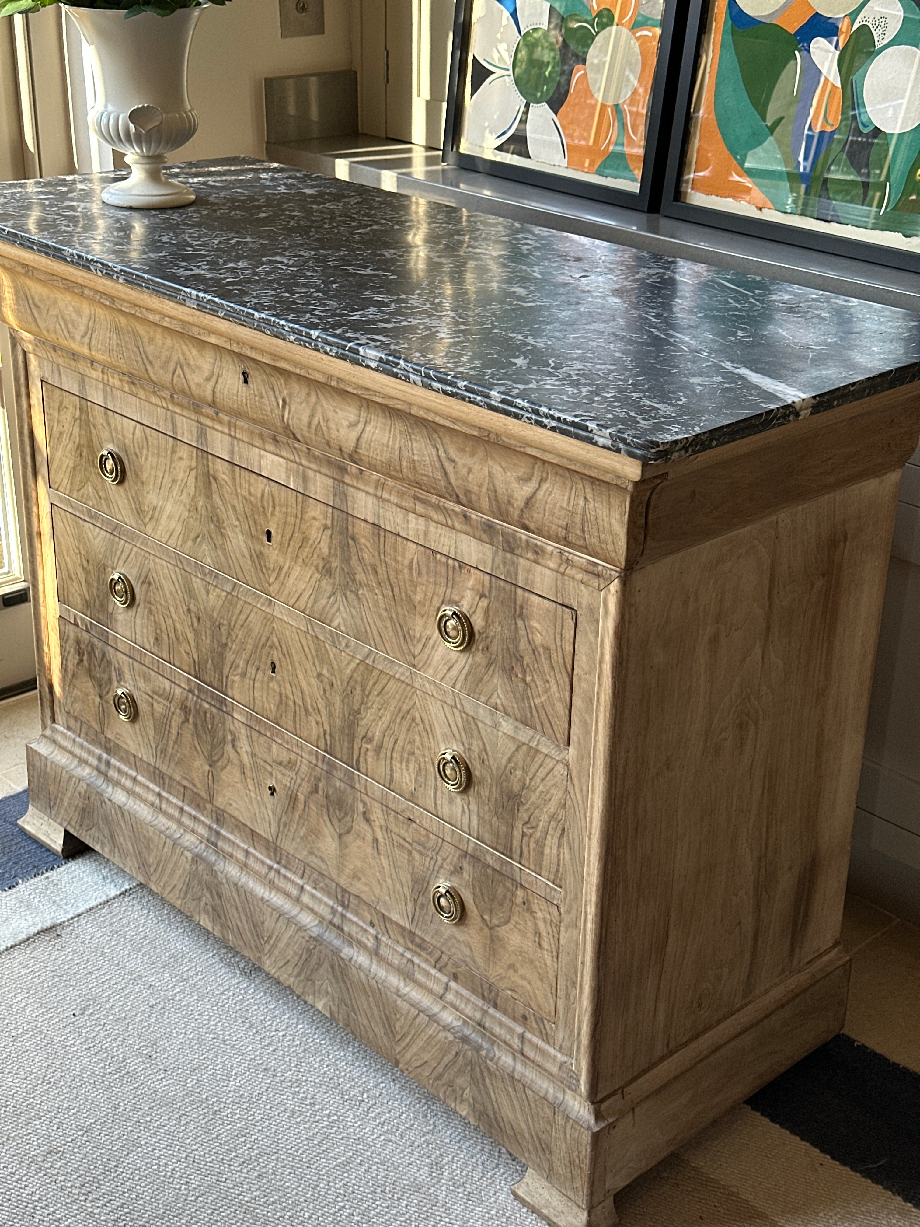 Louis Philippe Bleached Marble Commode in Pale Walnut