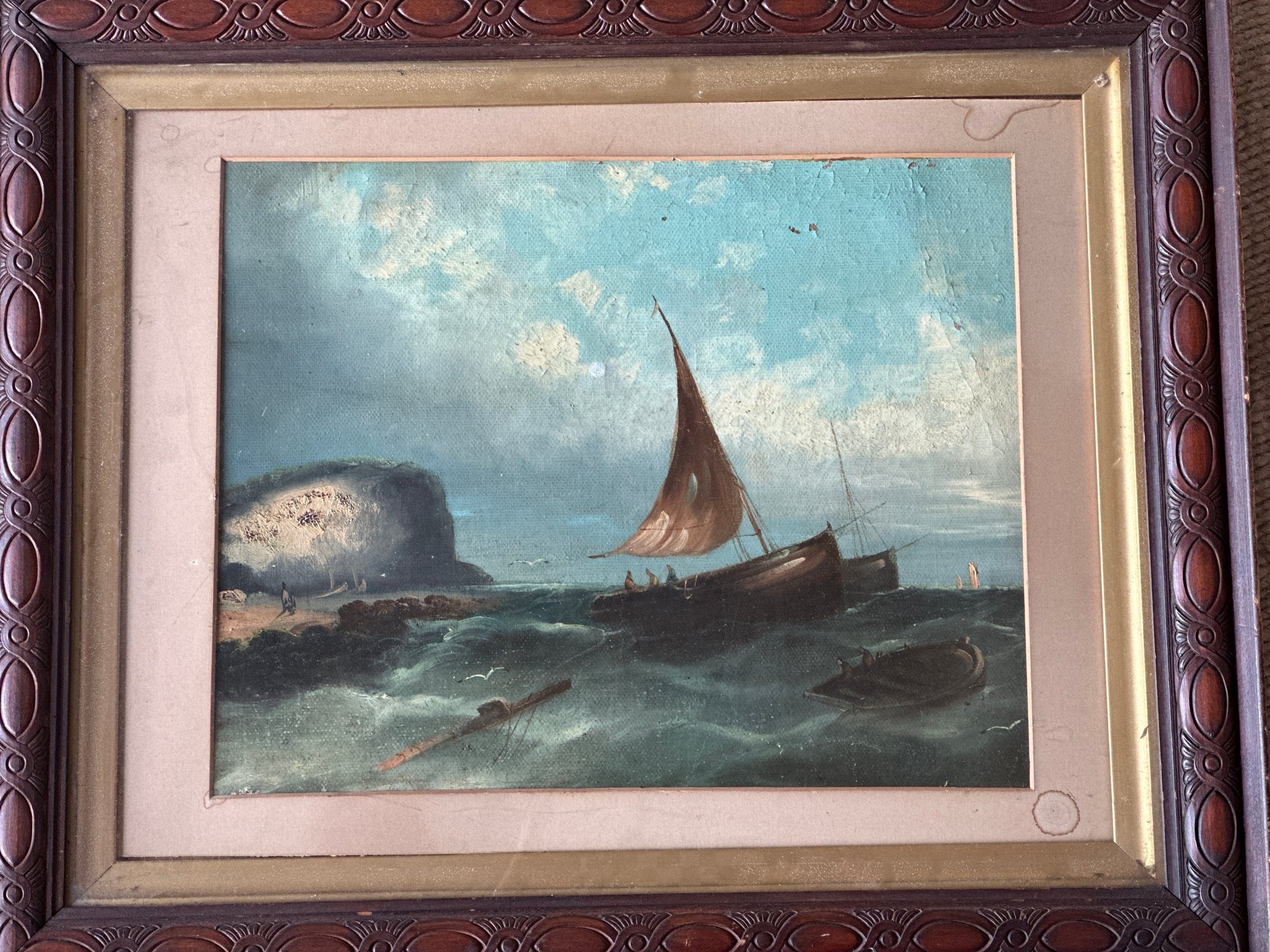 Oil on Canvas Sailing Scene in charming wooden frame