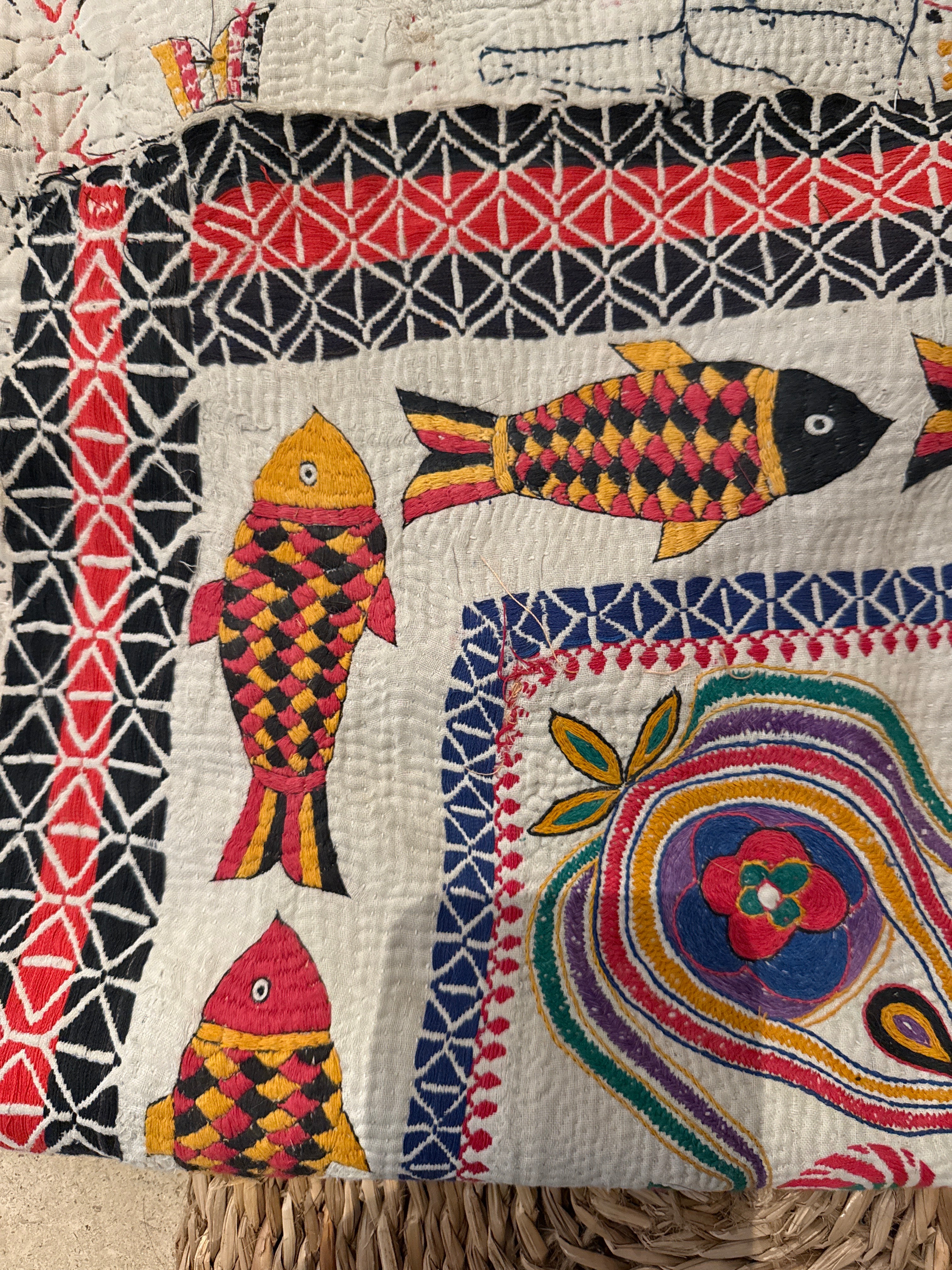 Rare Bengali Nakshi Kantha with Fish Border c late 19th Century