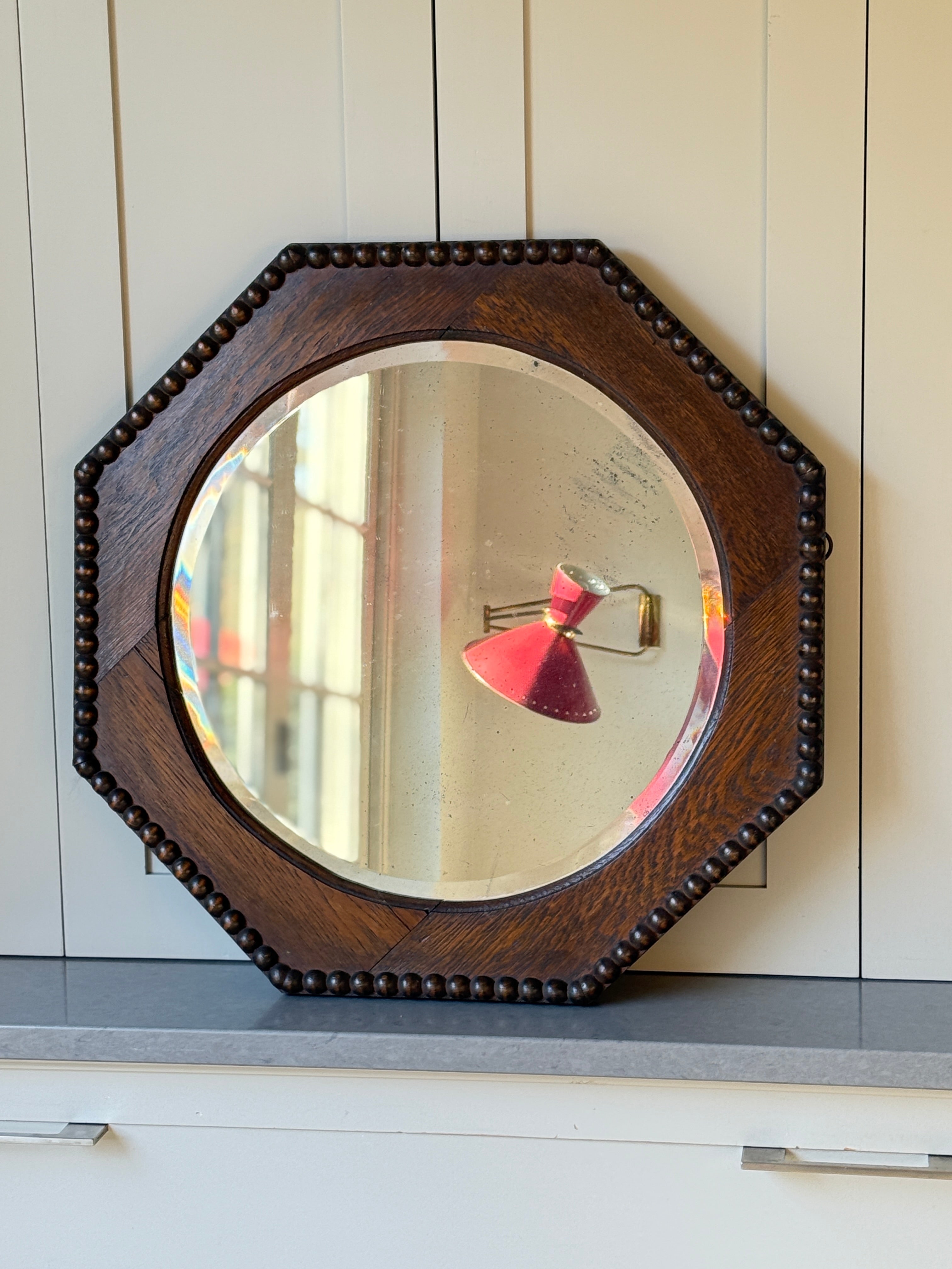 Arts & Crafts Octagonal Wooden Mirror with Bobbin Border