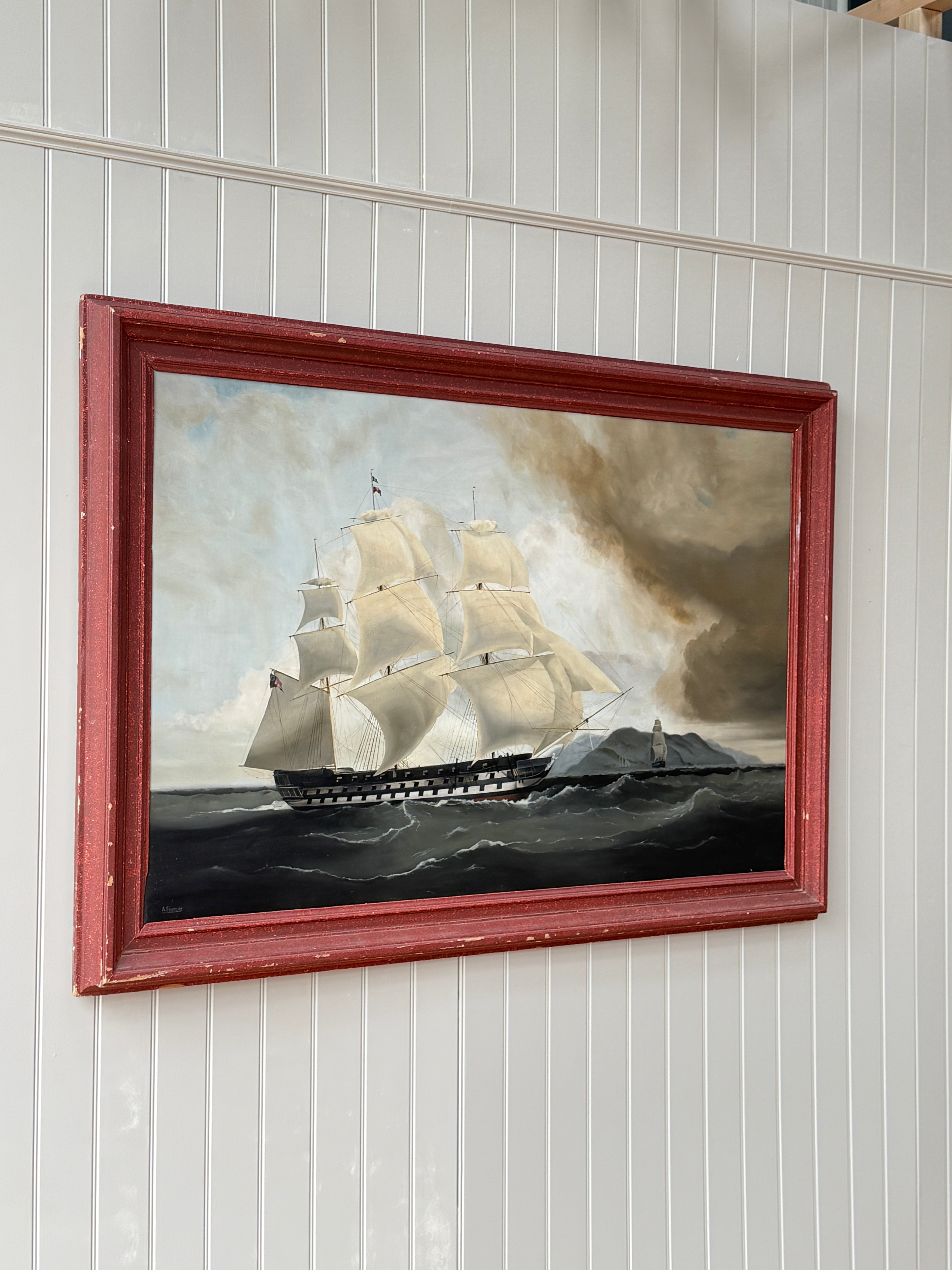 Large Naive Oil Painting of huge Sail boat in Harbour by A Findlay