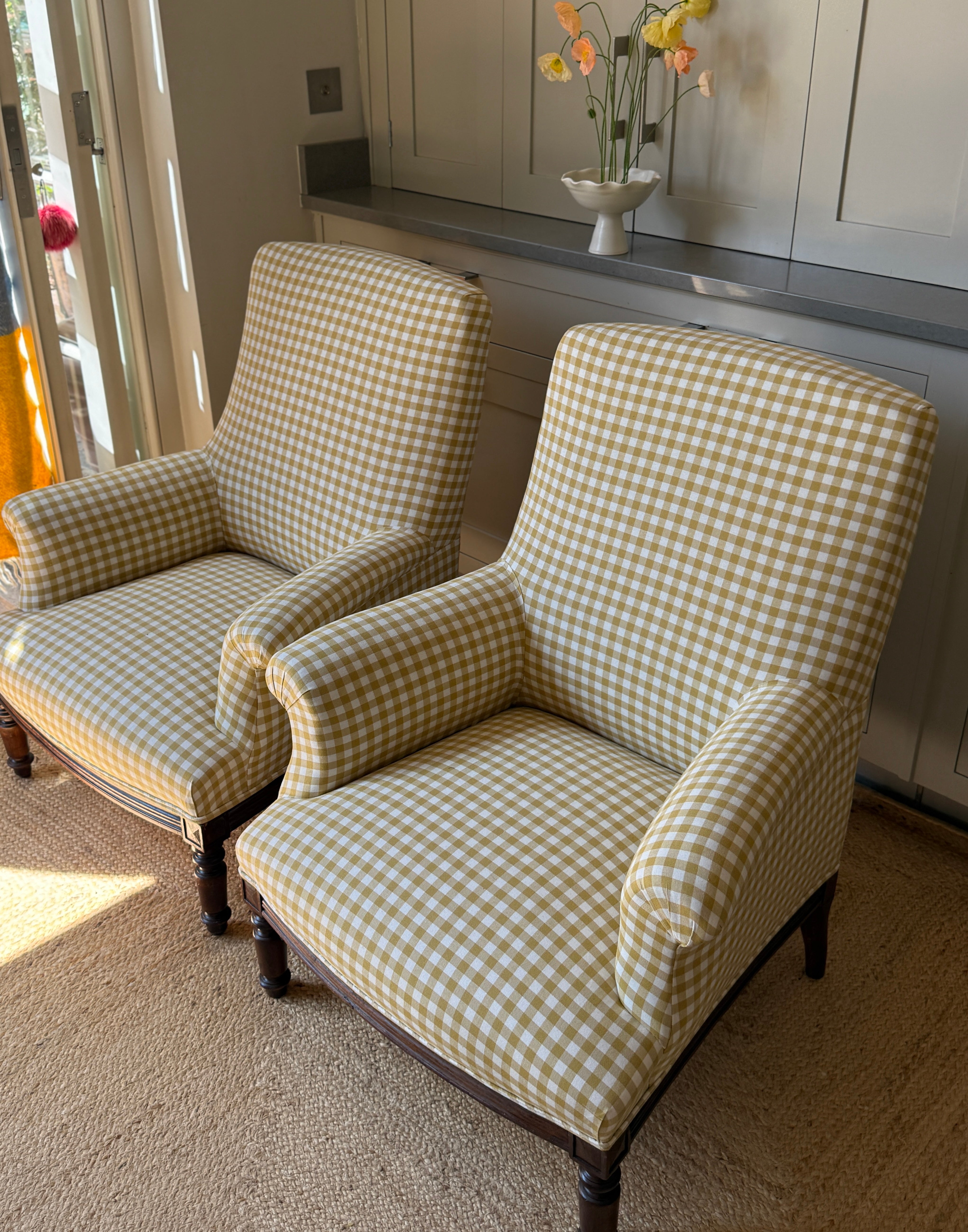 A Pair of Napoleon III Armchairs, Reupholstered in Yellow Gingham