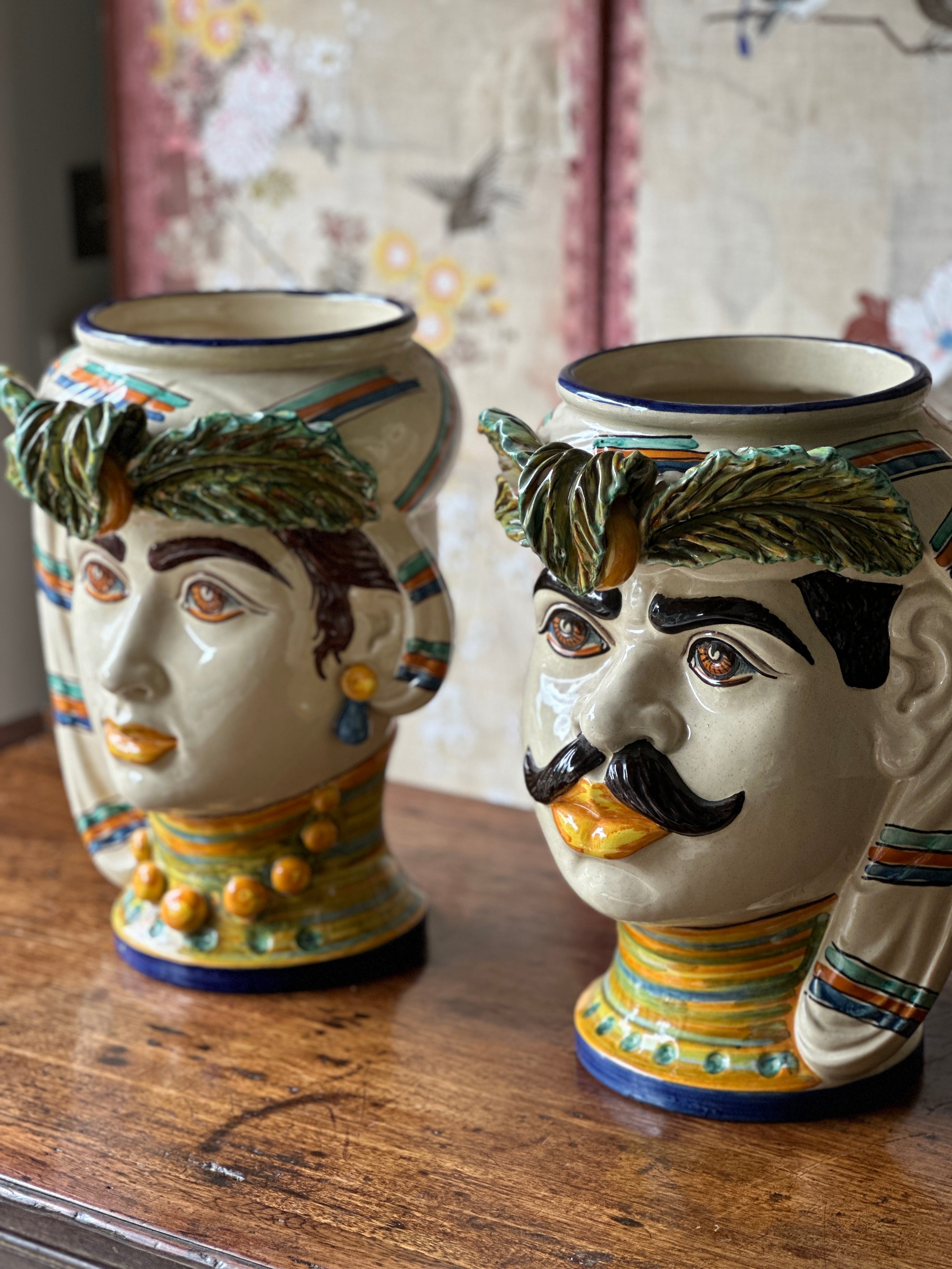 Large Pair of Sicilian Testi di Moro (Moor Heads)