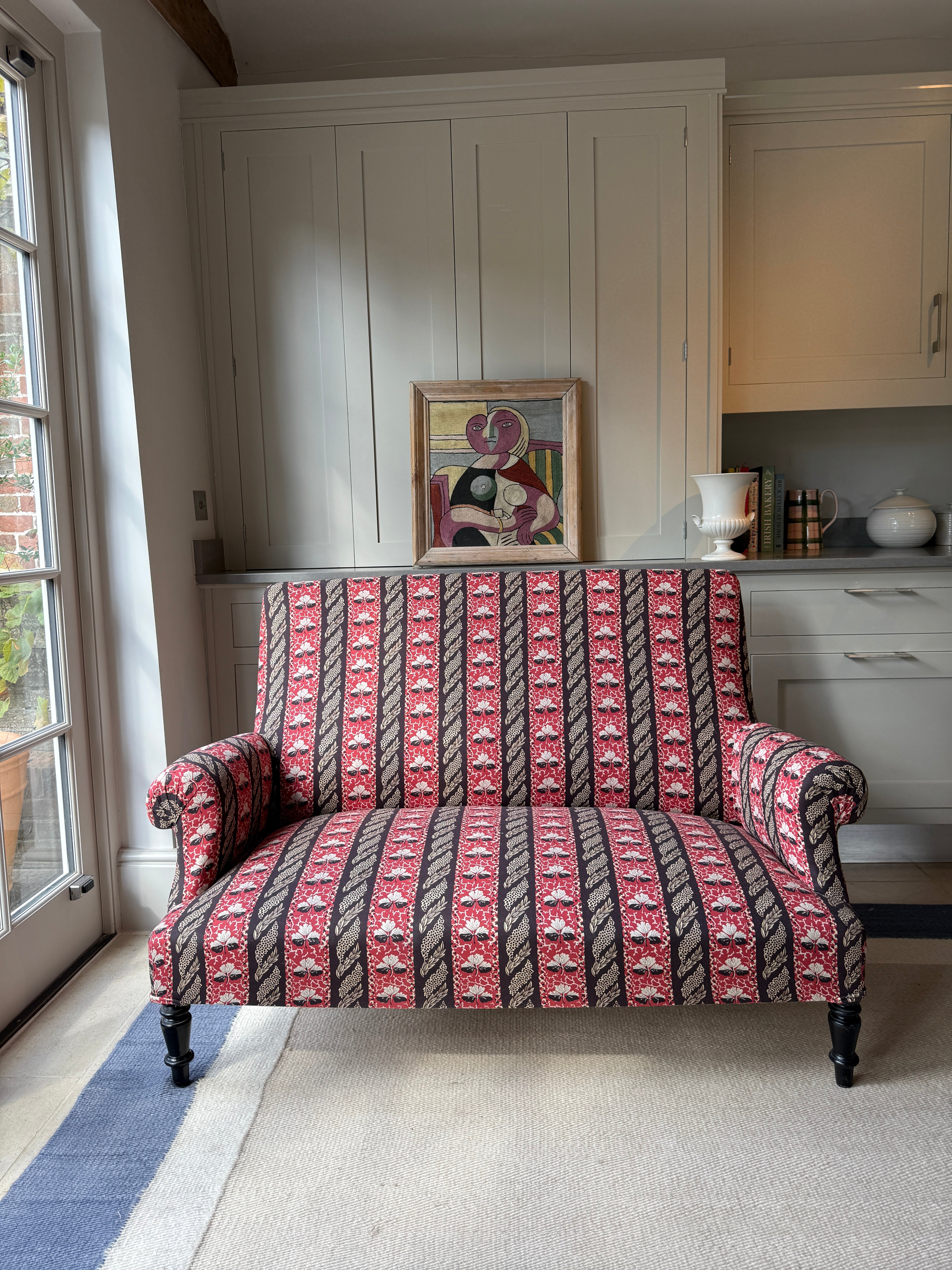 Small Napoleon III Squareback Sofa in Strawberry Leaf by Sybil Colefax