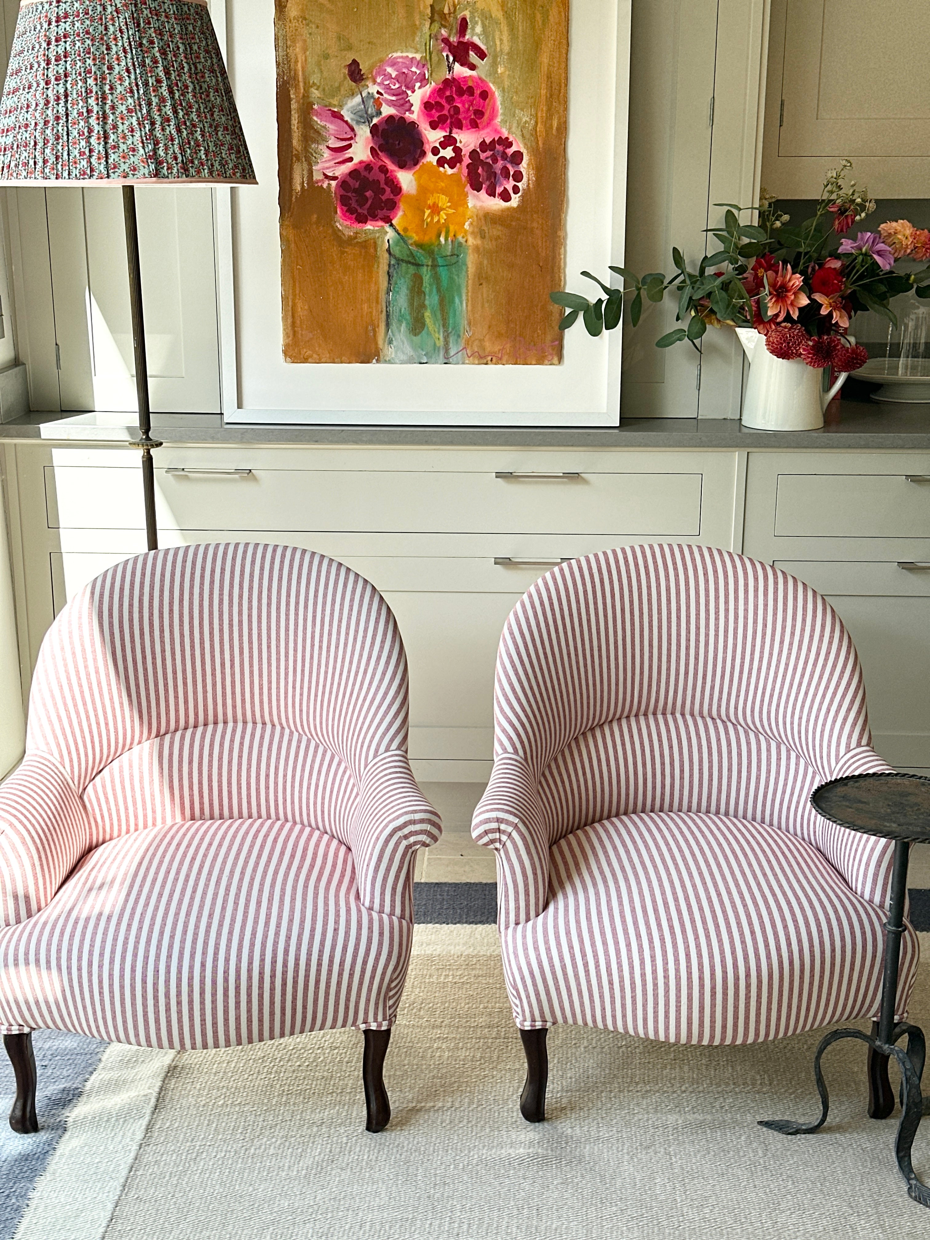 C19th French Crapaud Tub Chairs in Red and White Ticking