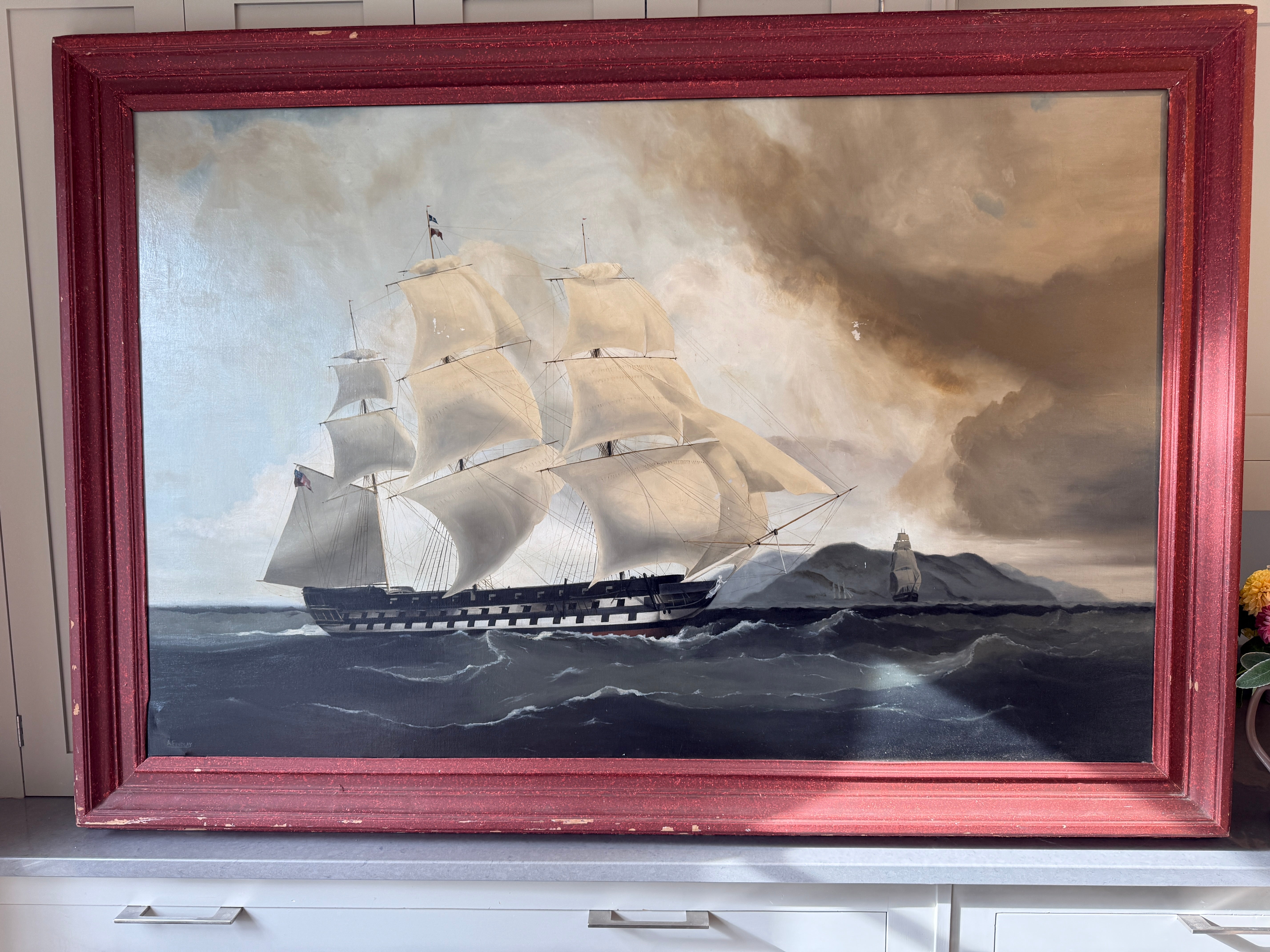Large Naive Oil Painting of huge Sail boat in Harbour by A Findlay