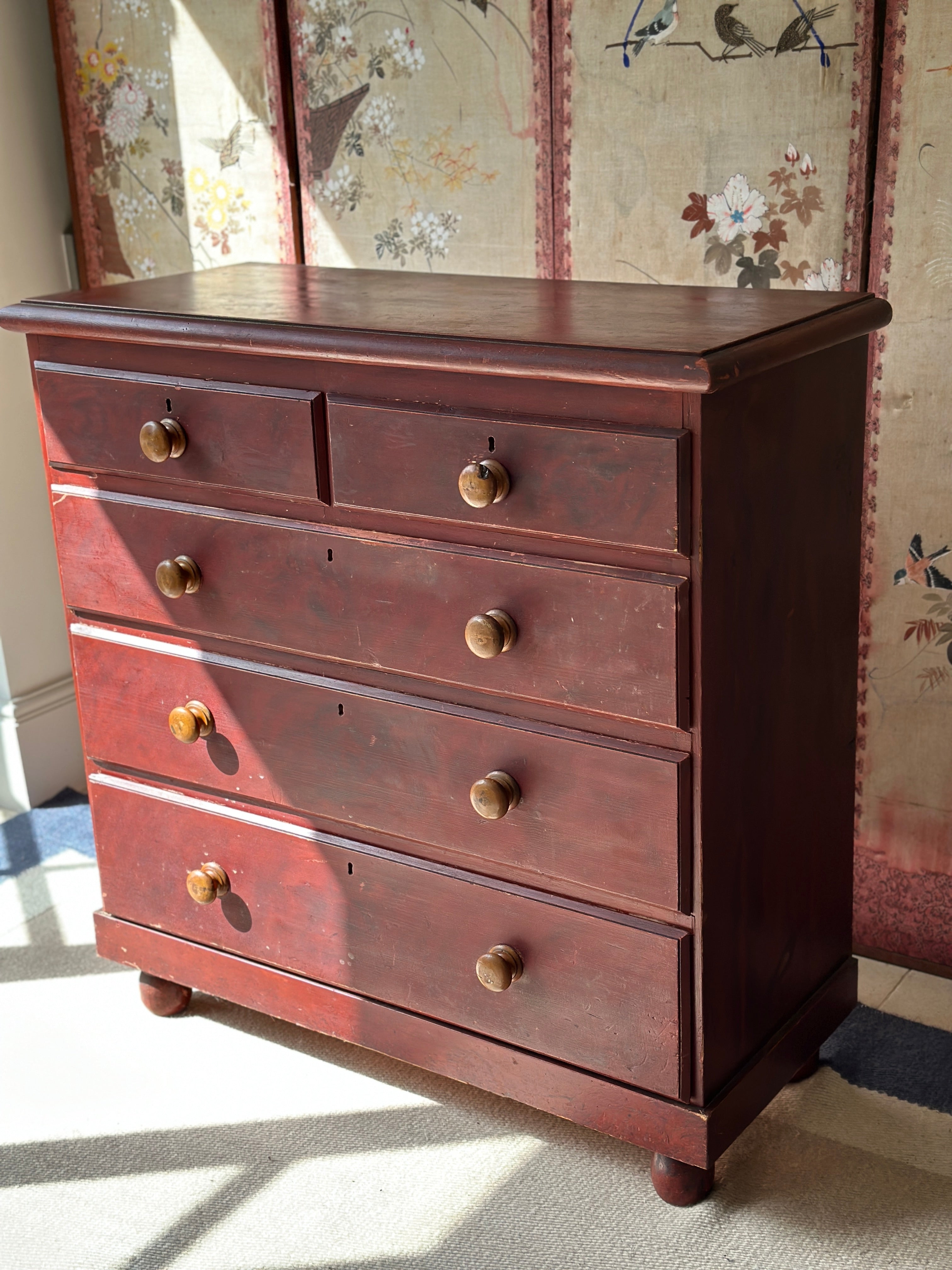 Antique Painted Pine Chest of Drawers in a dark red