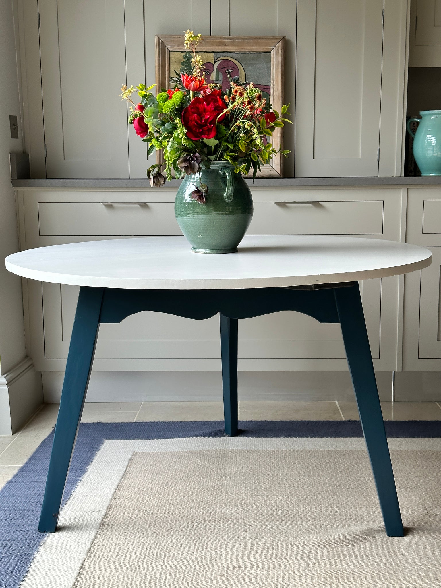 Medium Pine Cricket Centre Table with white Top and Navy blue base