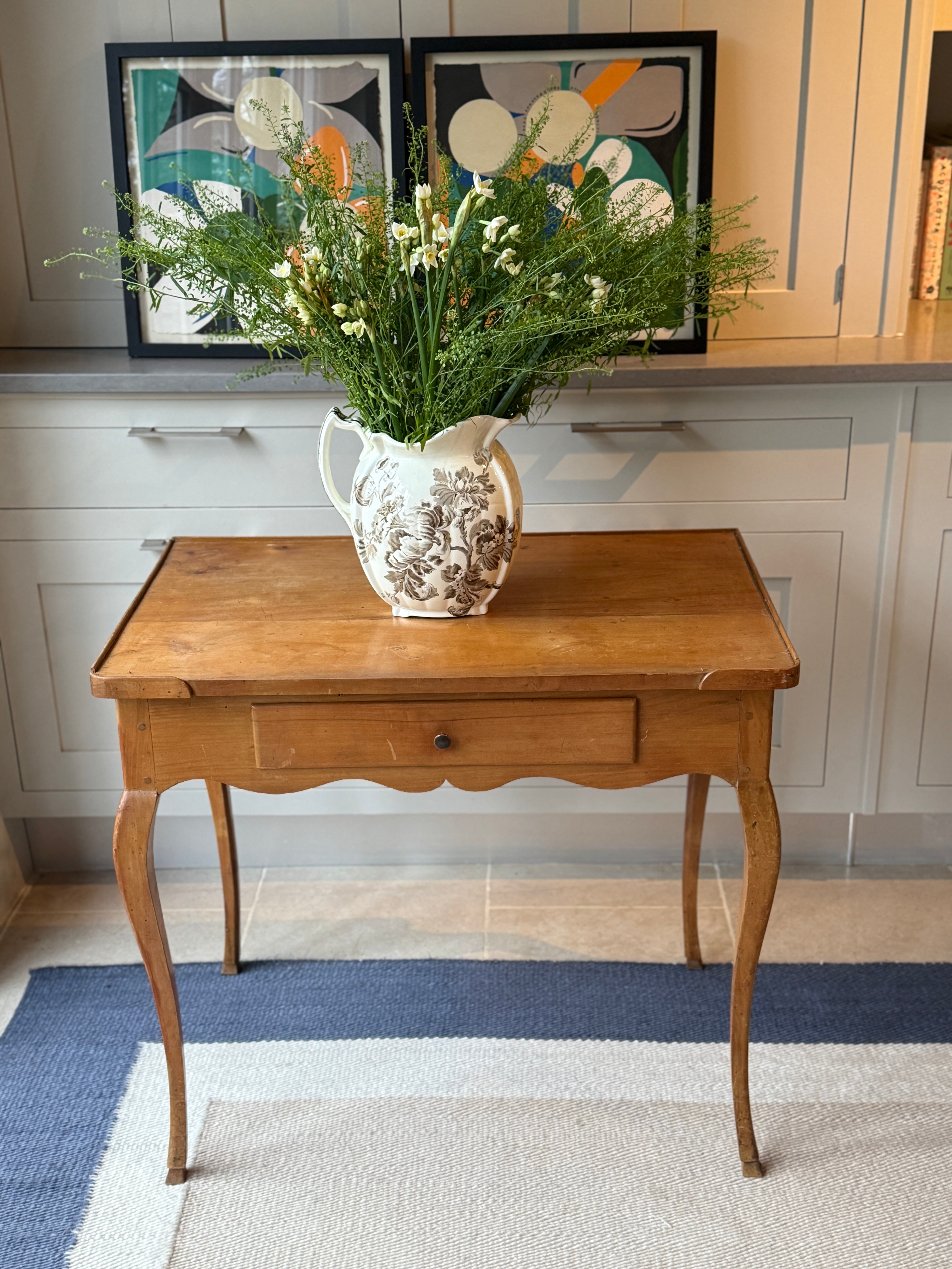 French Fruitwood Table with scalloped apron and drawer