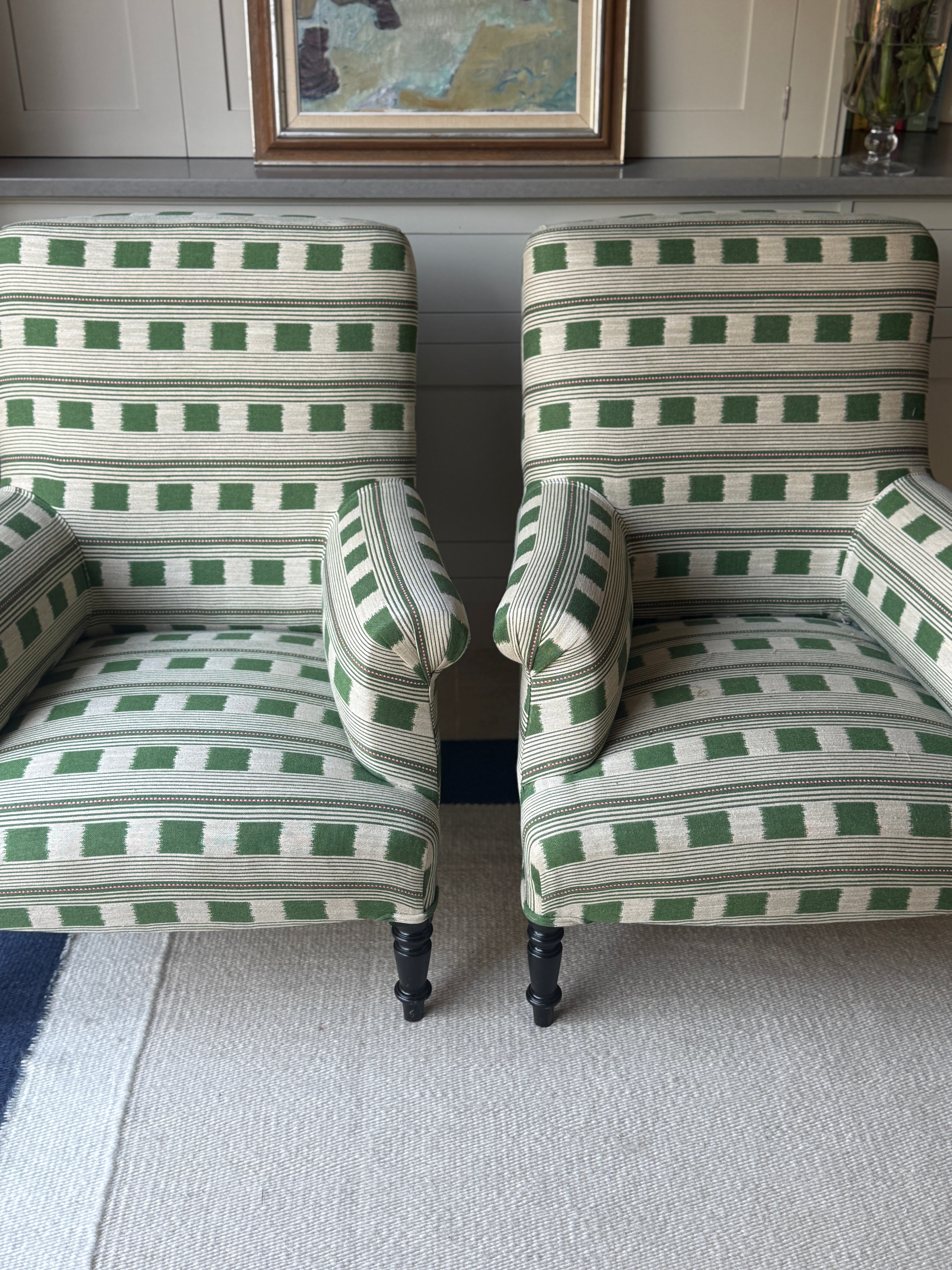 Pair of French Squareback Armchairs in Christopher Farr - Lost and Found