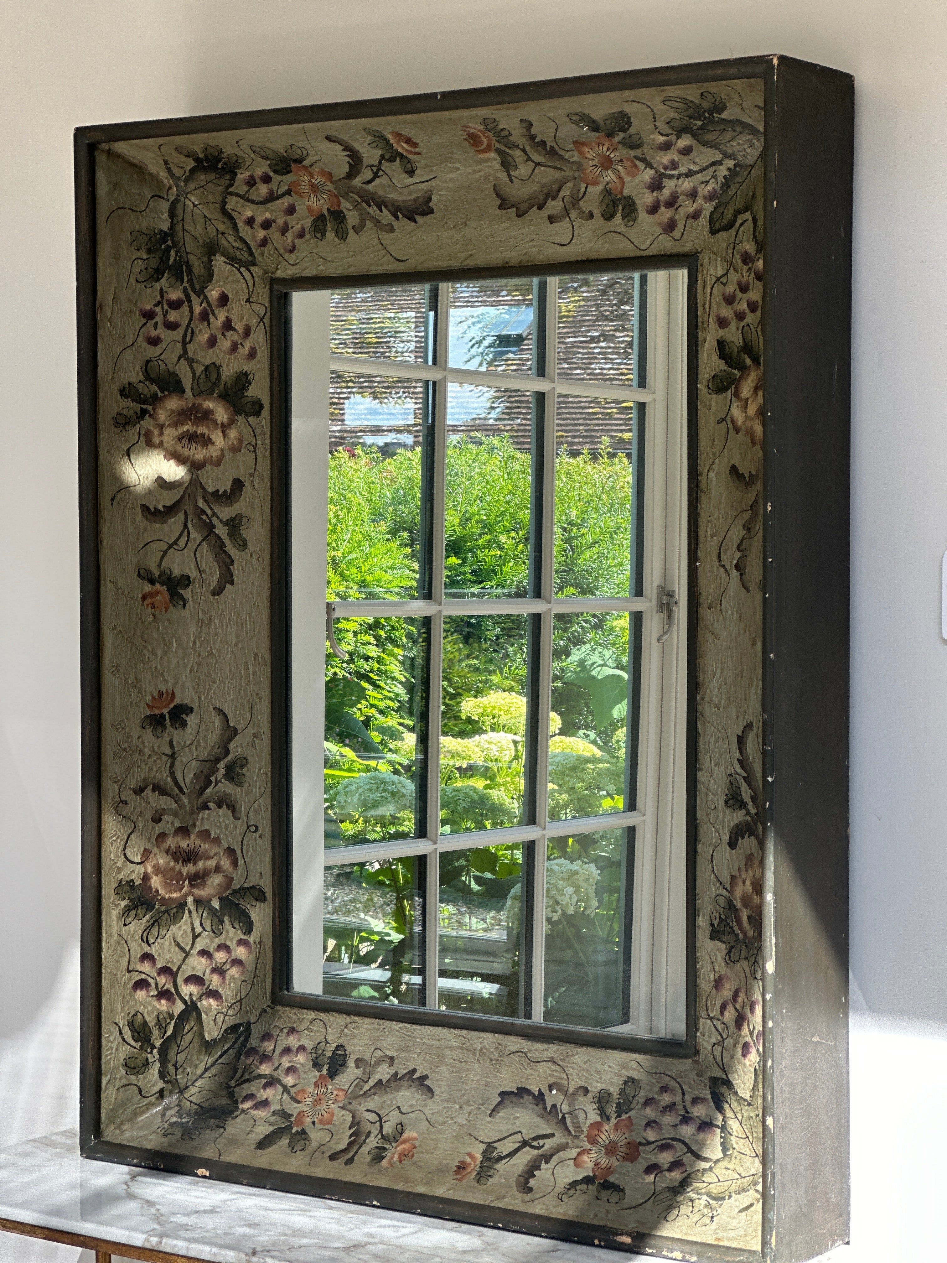 Large Vintage Wooden Dark Green Mirror with hand painted floral motifs