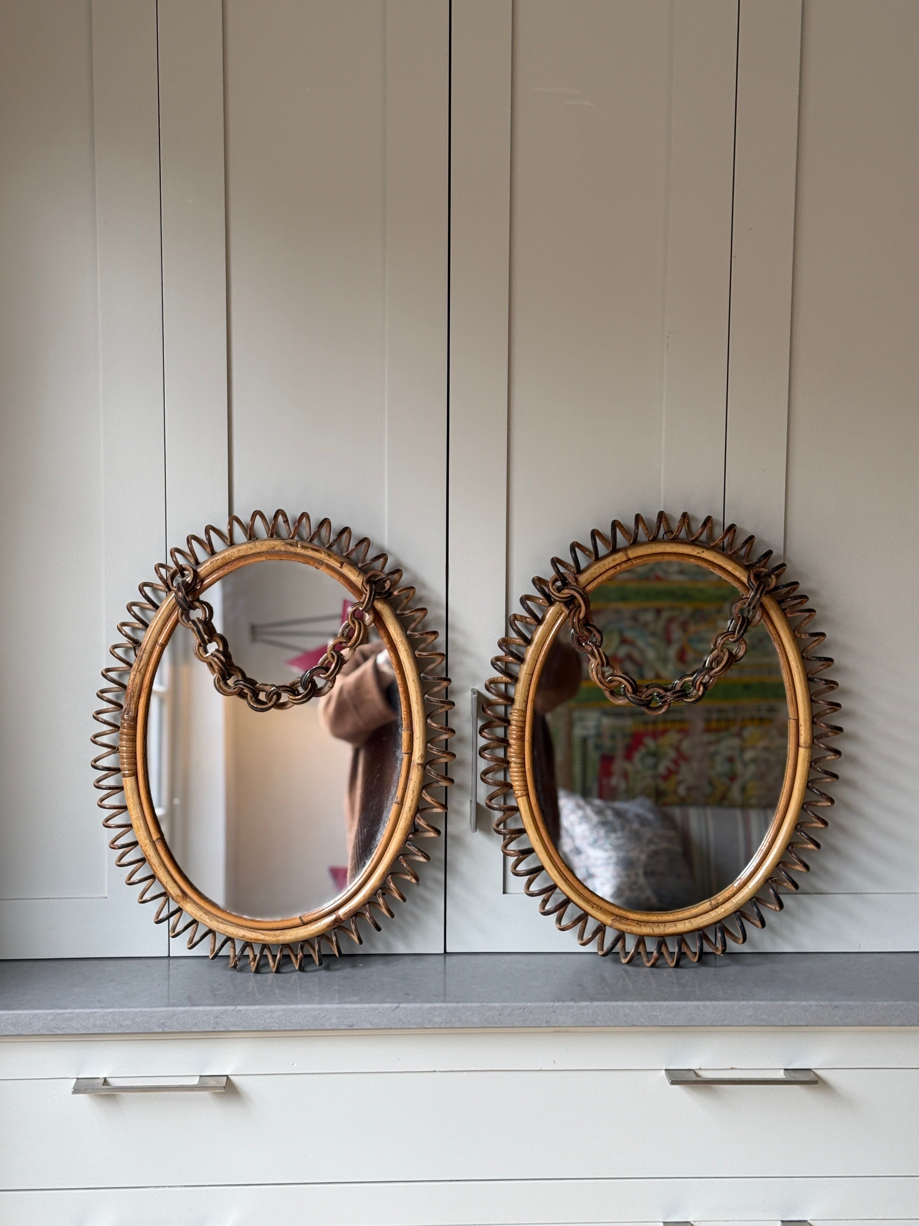 Pair of Coiled Rattan Bonacina Mirrors