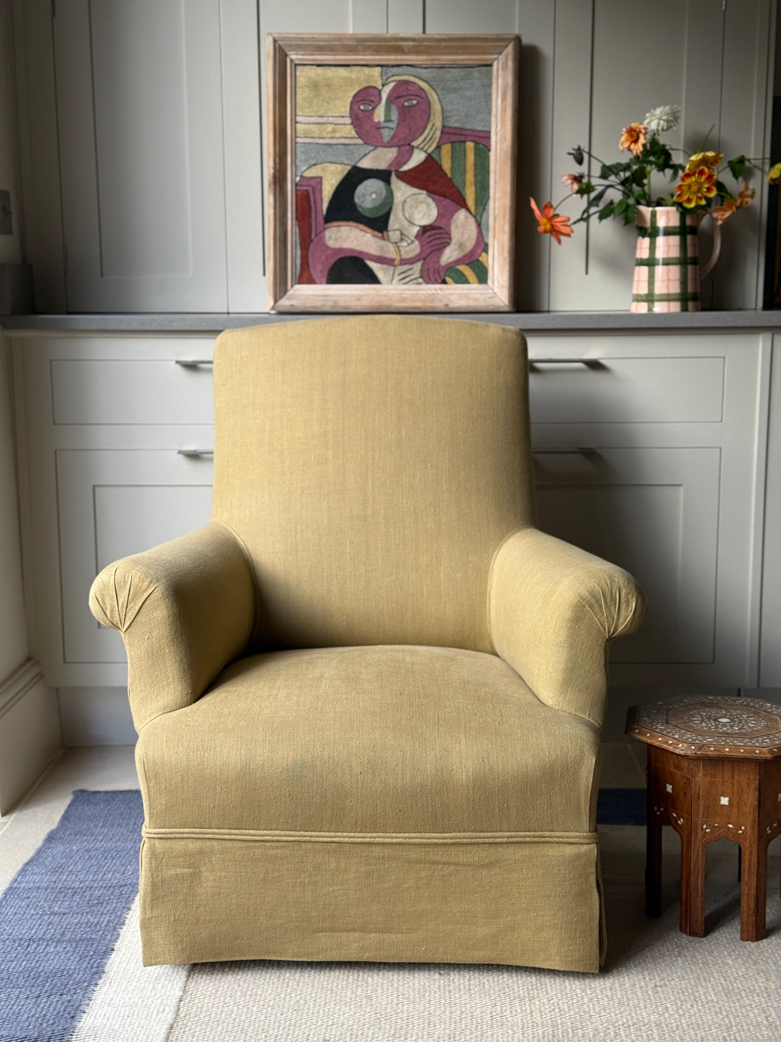 French Squareback Chair Upholstered on yellow linen with skirt