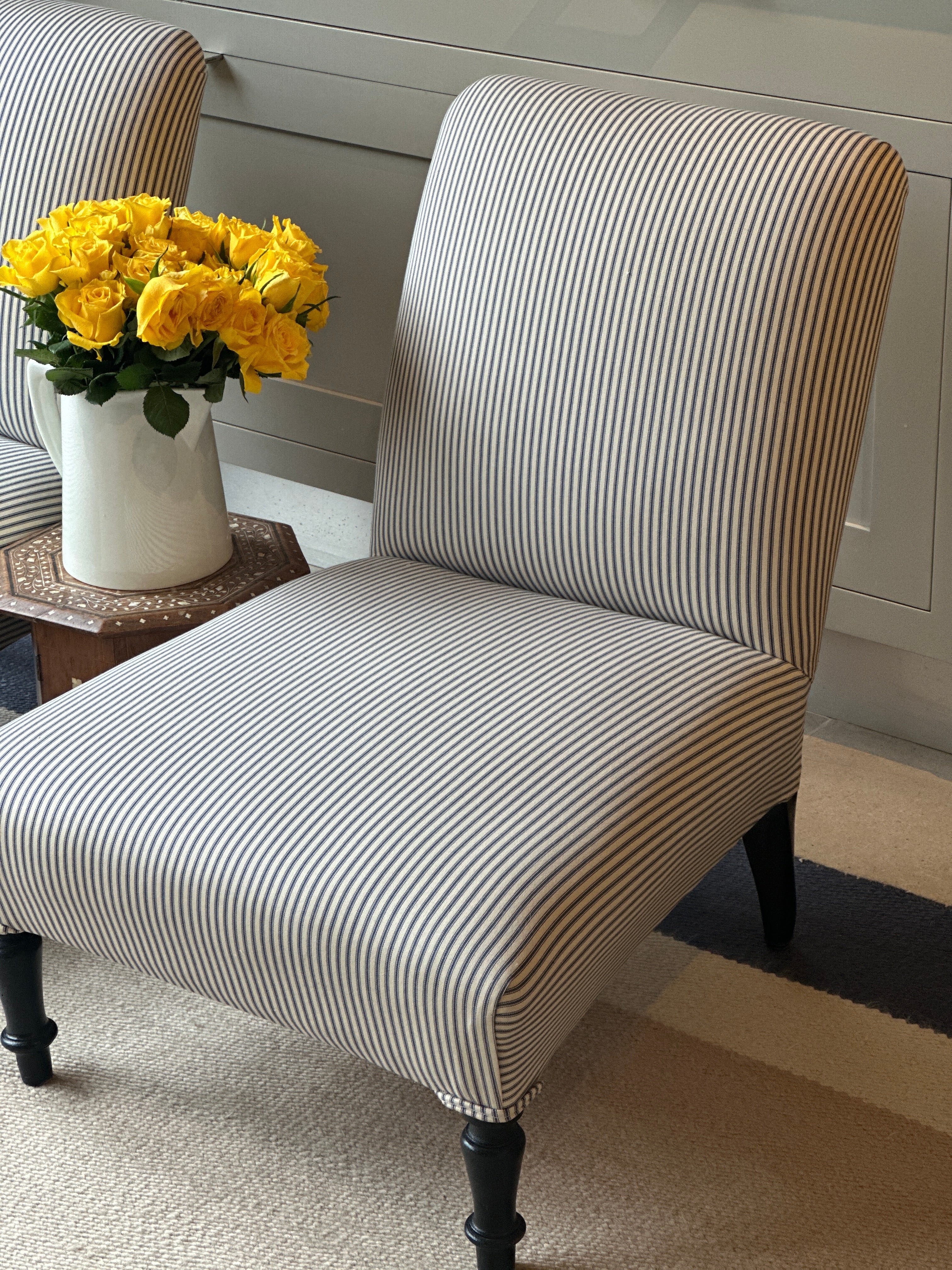 Pair of French 19th Century Slipper chairs in modern blue ticking